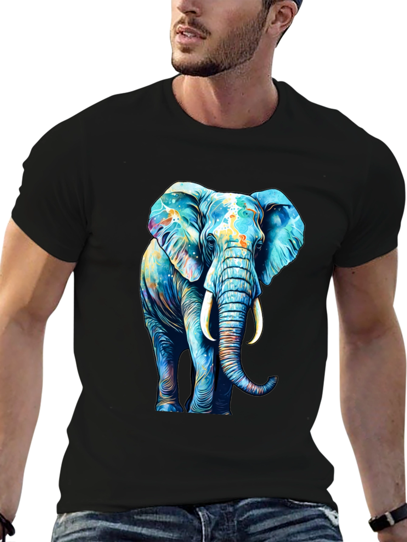 Black Vibrant Elephant Graphic Print Black T-Shirt view 6