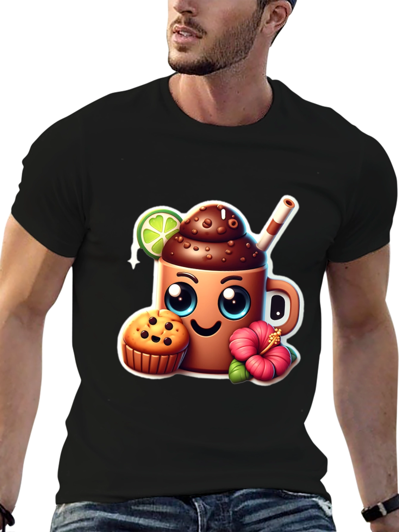 Black Fun Graphic Tee: Kawaii Coffee & Muffin view 6