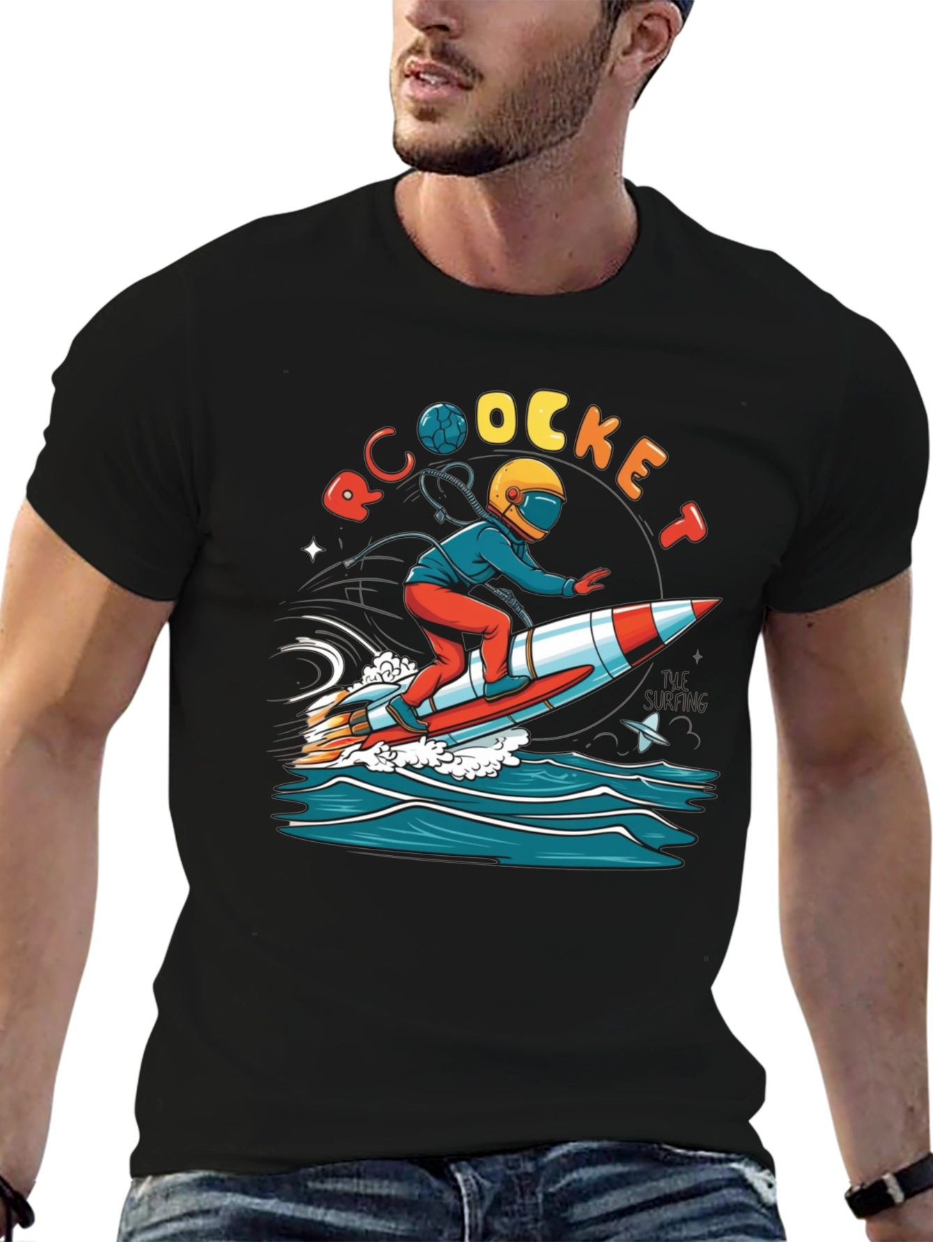 Black Rocket Surfing T-Shirt - Unique Graphic Tee view 6