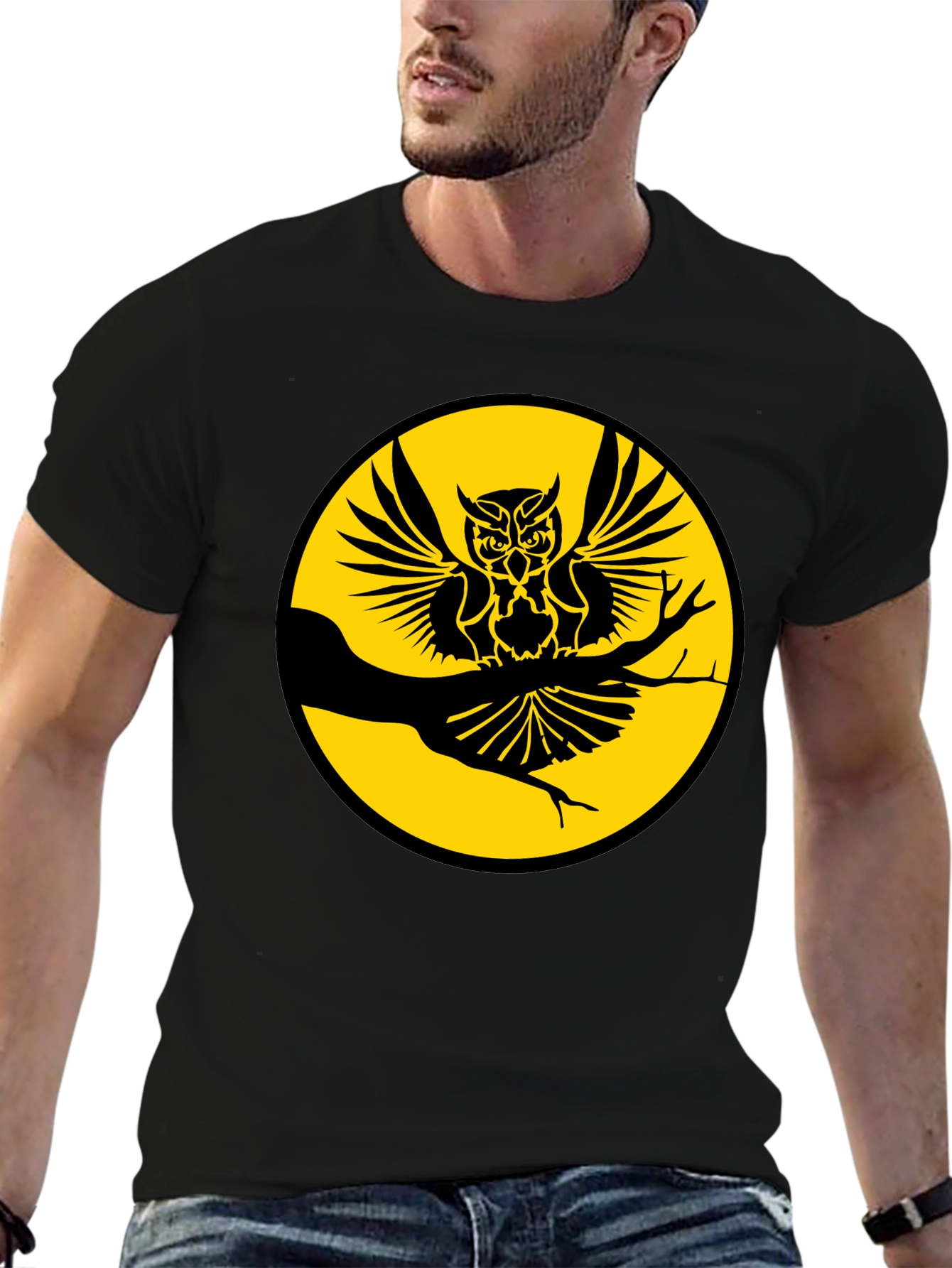 Black Owl on Branch Graphic Tee - Men's Black T-Shirt view 6