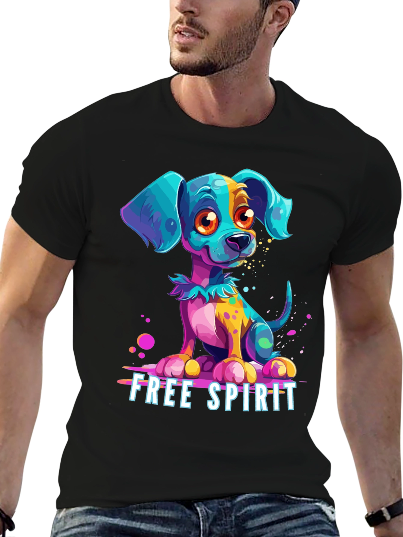 Black Free Spirit Dog Graphic Tee - Unique Colorful Puppy Design view 6