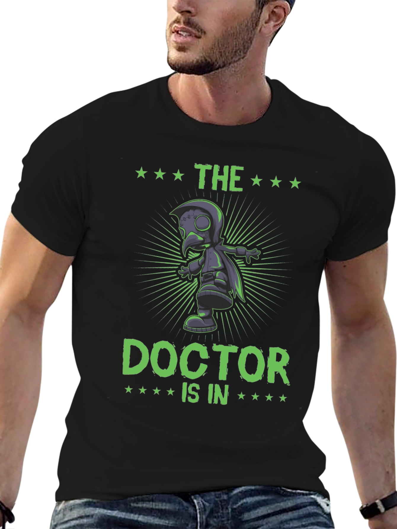 Black The Doctor Is In T-Shirt Plague Doctor Graphic Novelty Tee view 6