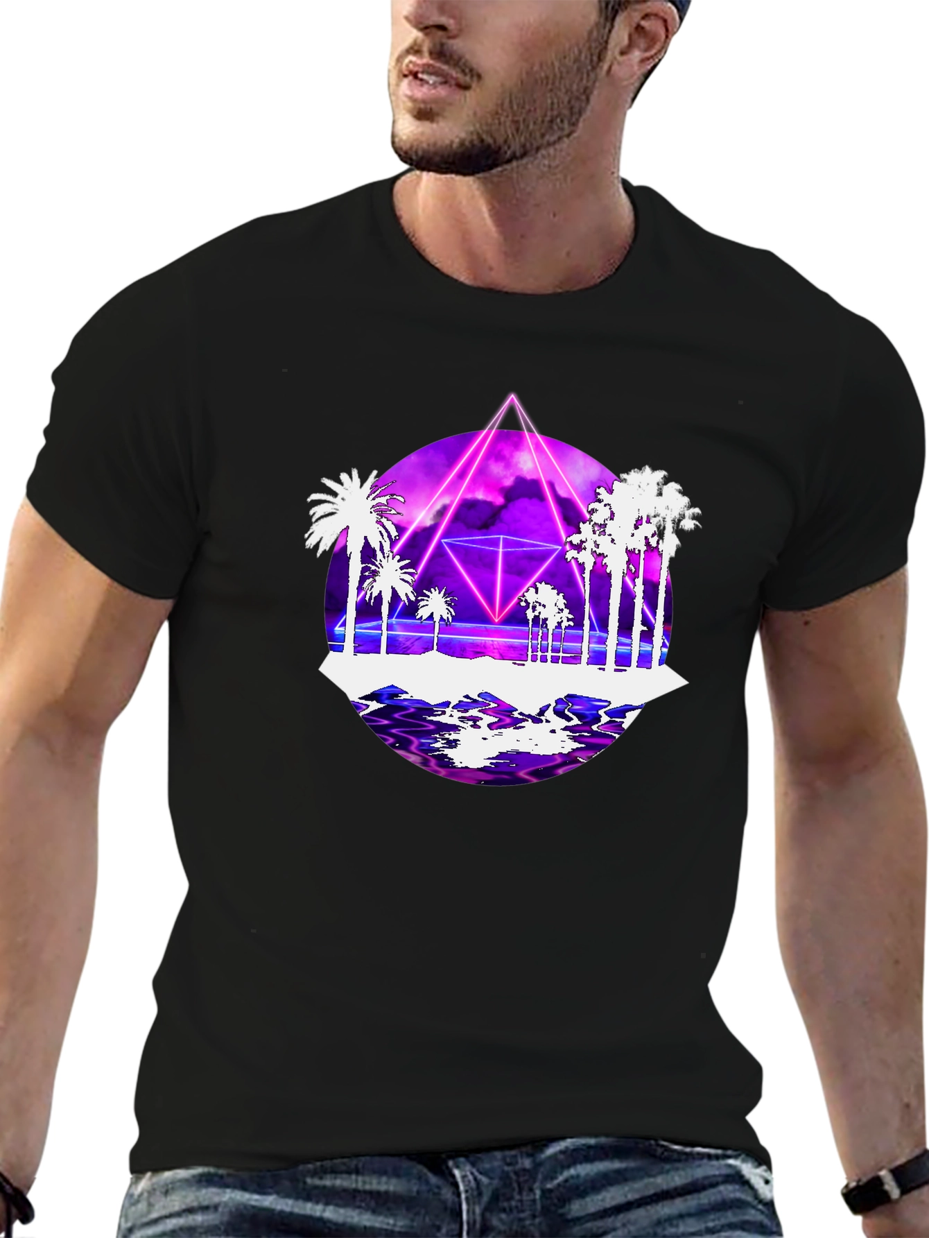Black Retro Wave Tee: Synthwave Palm Tree Design view 6