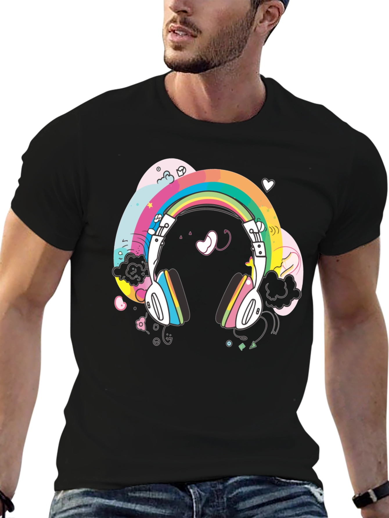 Black Rainbow Headphones Graphic Tee - Black Cotton T-Shirt view 6