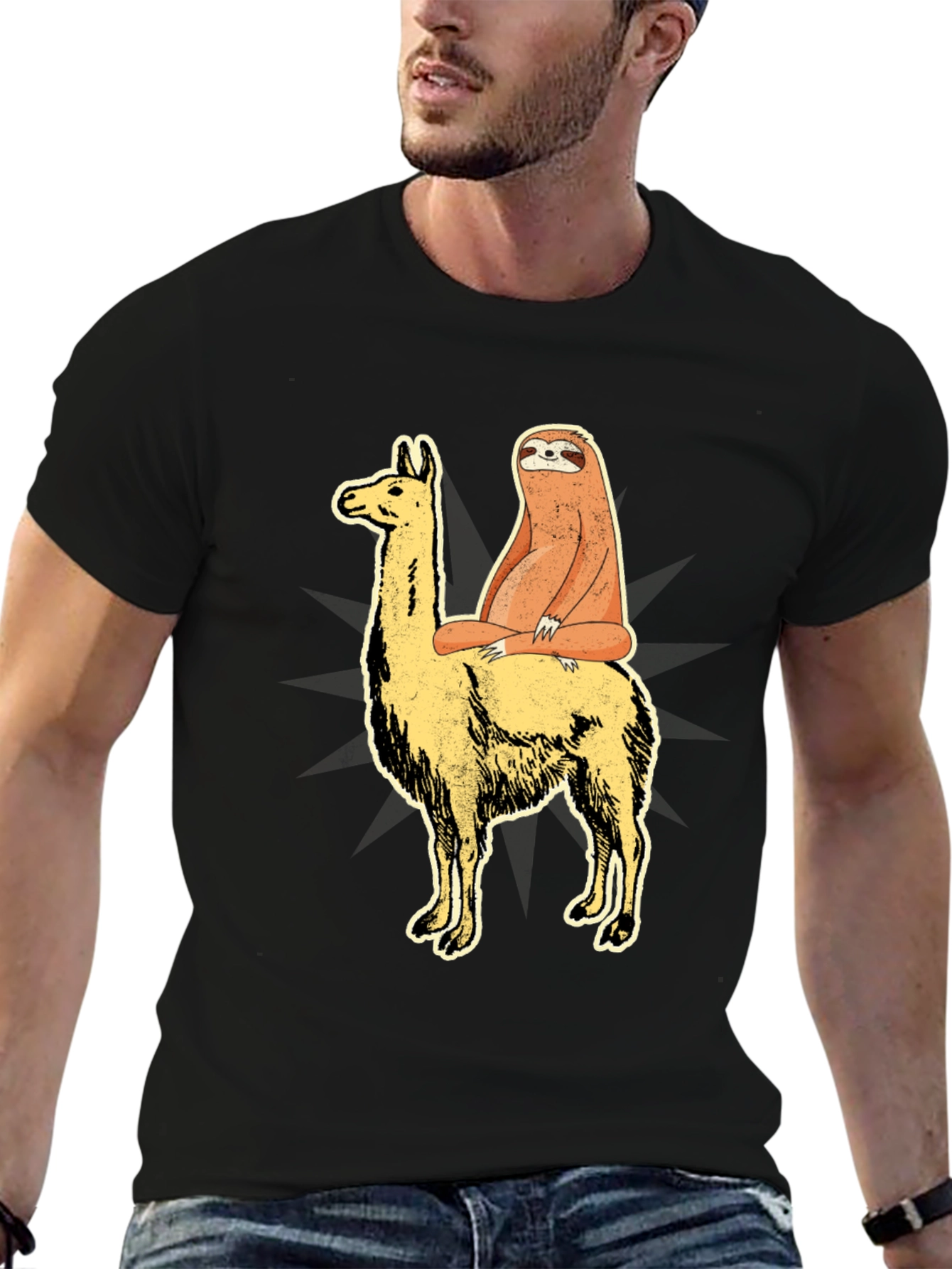Black Sloth Riding Llama Graphic Tee - Unisex T-Shirt view 6