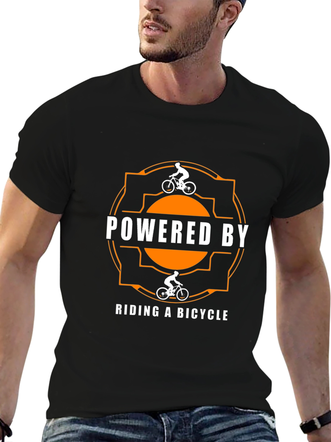 Black Powered By Riding A Bicycle Black T-Shirt view 6