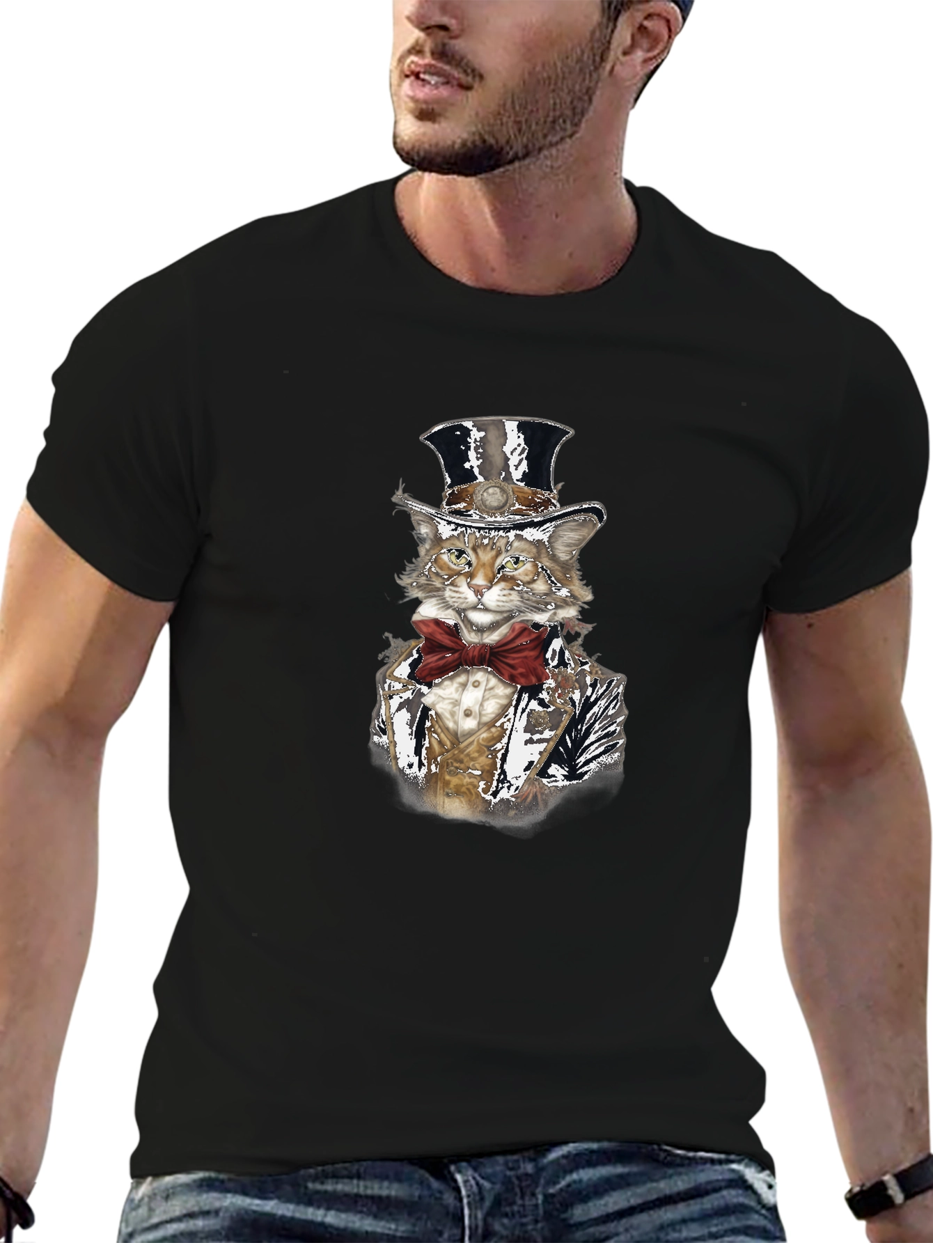 Black Gentleman Cat T-Shirt - Top Hat & Bowtie view 6