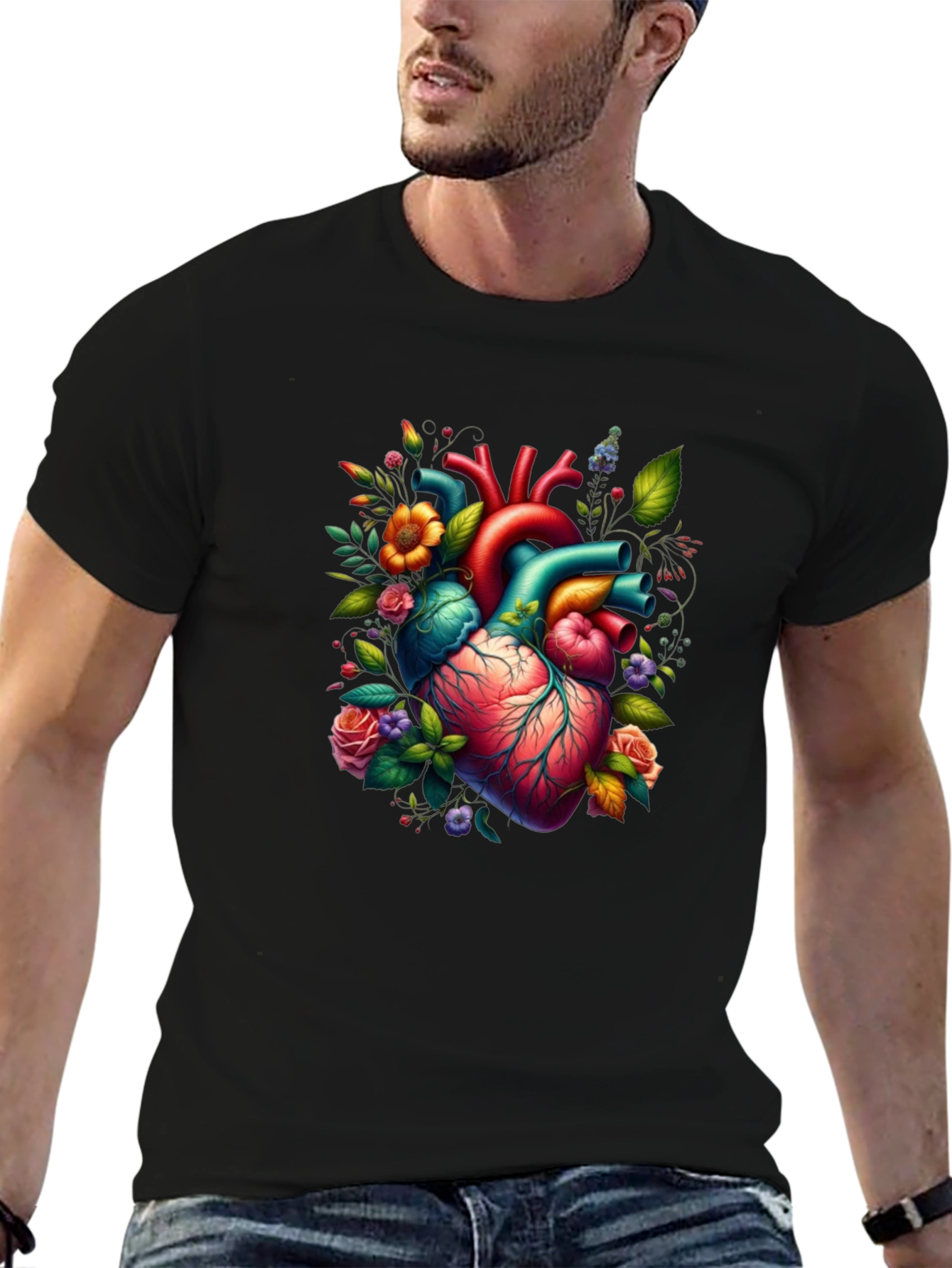 Black Anatomical Heart Floral Graphic T-Shirt view 6
