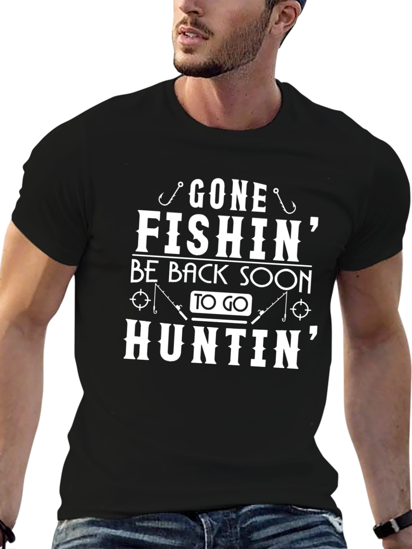 Black Gone Fishin' Huntin' Graphic Tee view 6