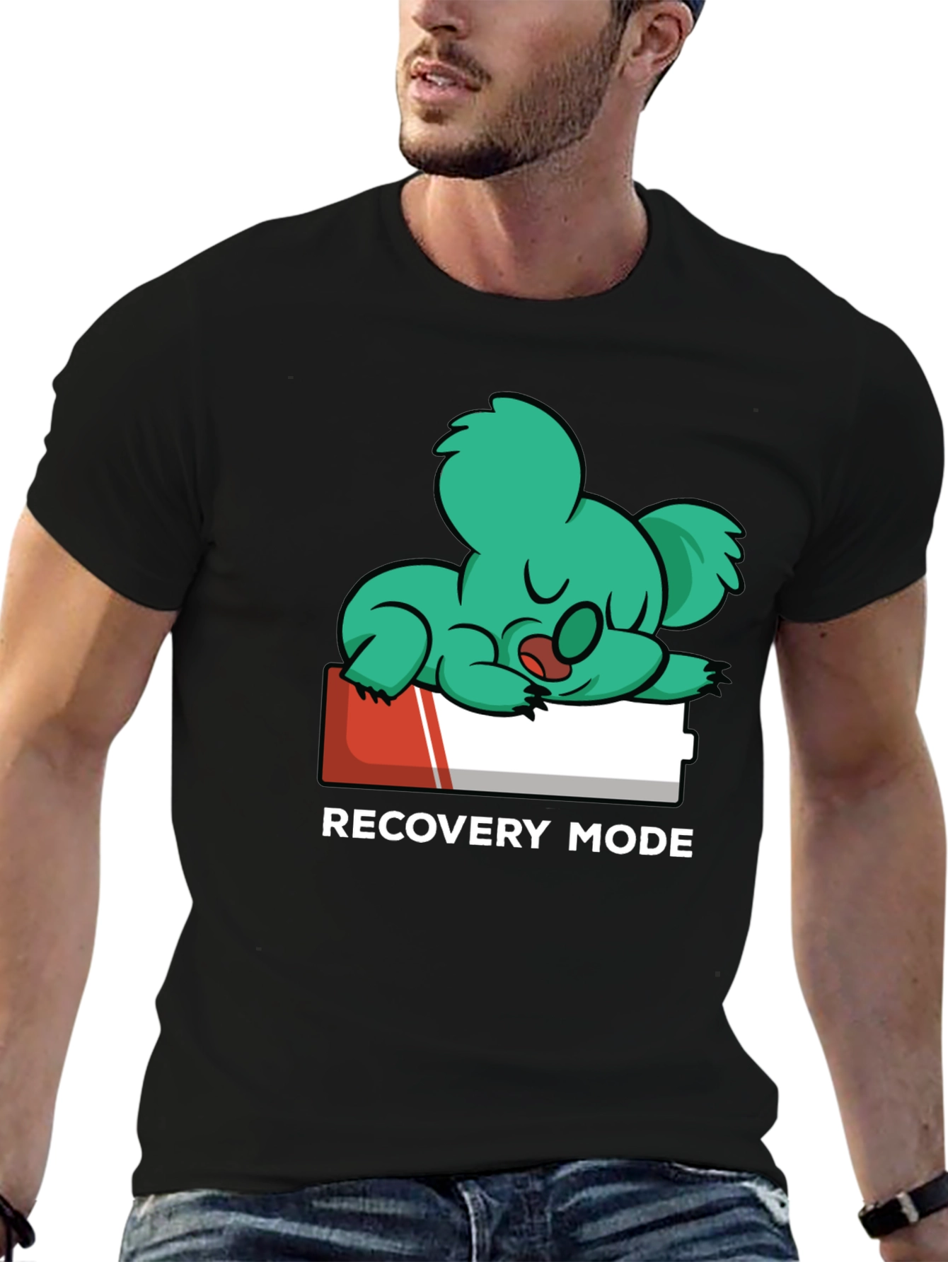 Black Recovery Mode T-Shirt: Sleepy Koala on Low Battery view 6