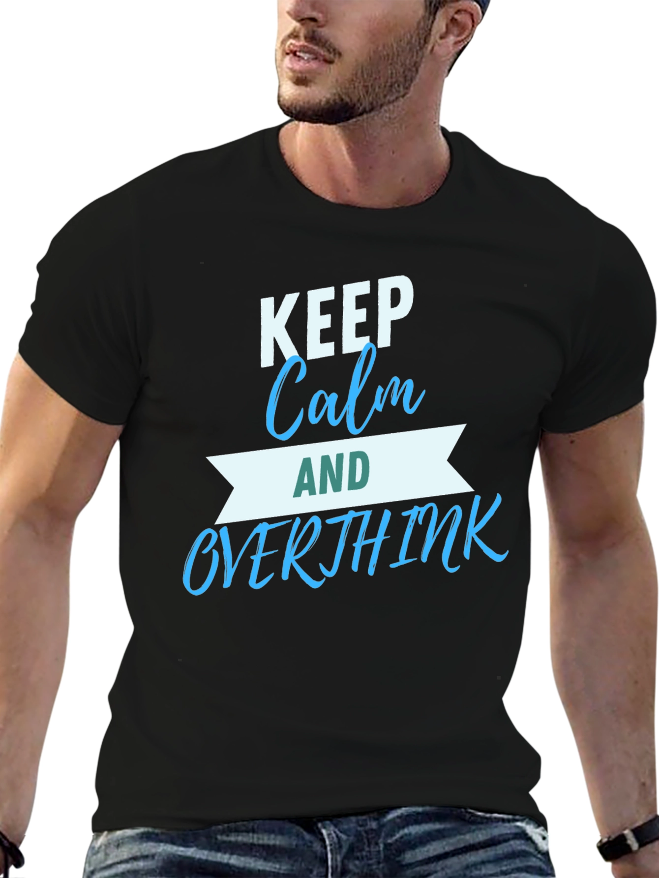 Black Keep Calm & Overthink T-Shirt - Men's Black Graphic Tee view 6