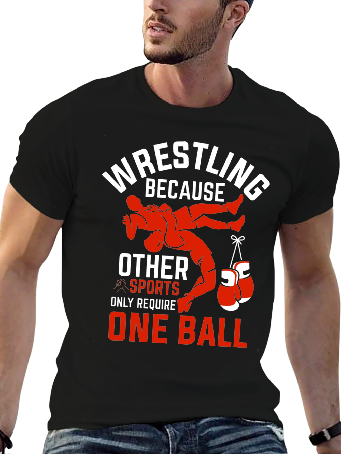 Black Wrestling T-Shirt - One Ball Funny Tee view 6