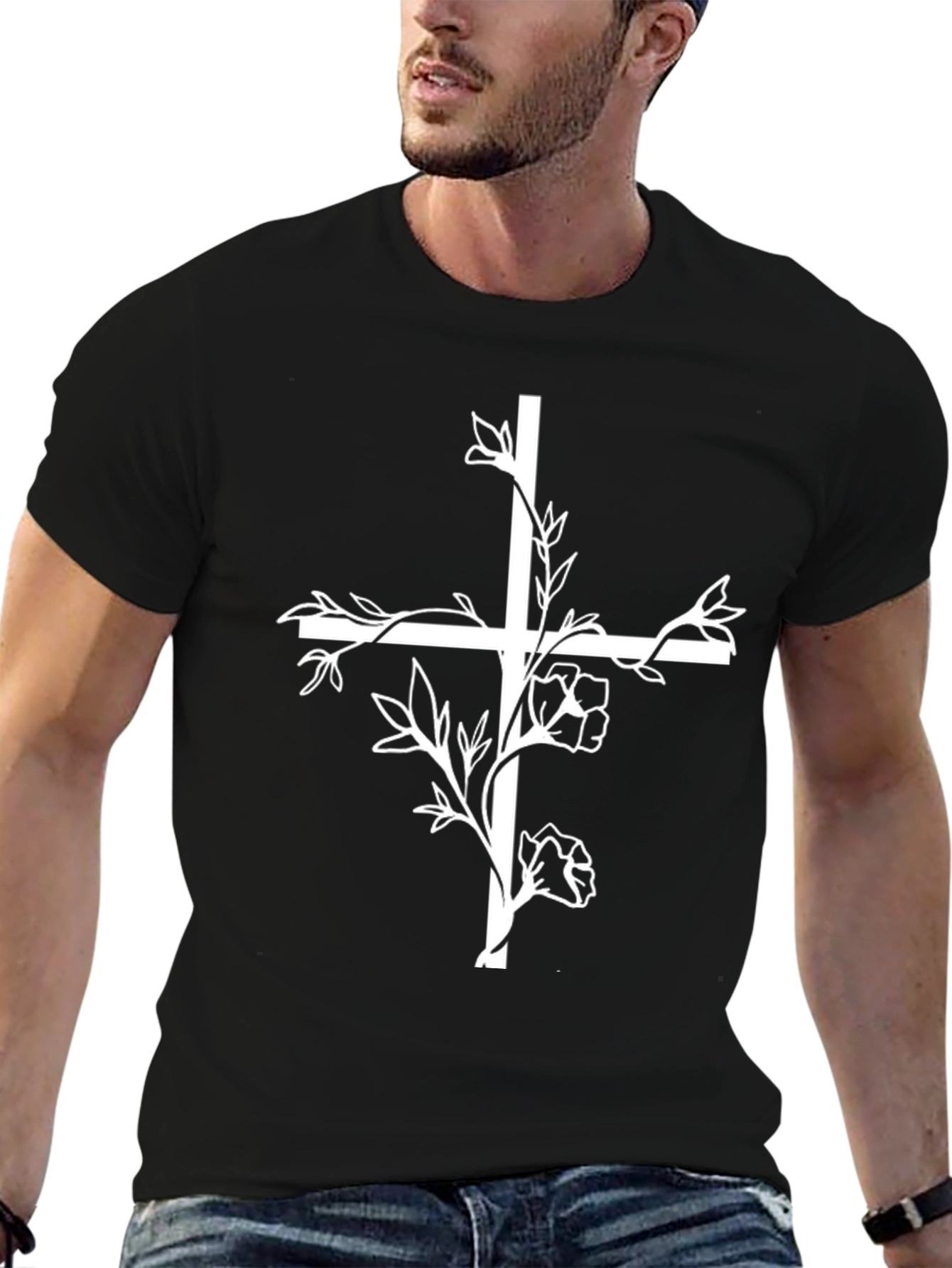 Black Floral Cross Graphic Black T-Shirt view 6