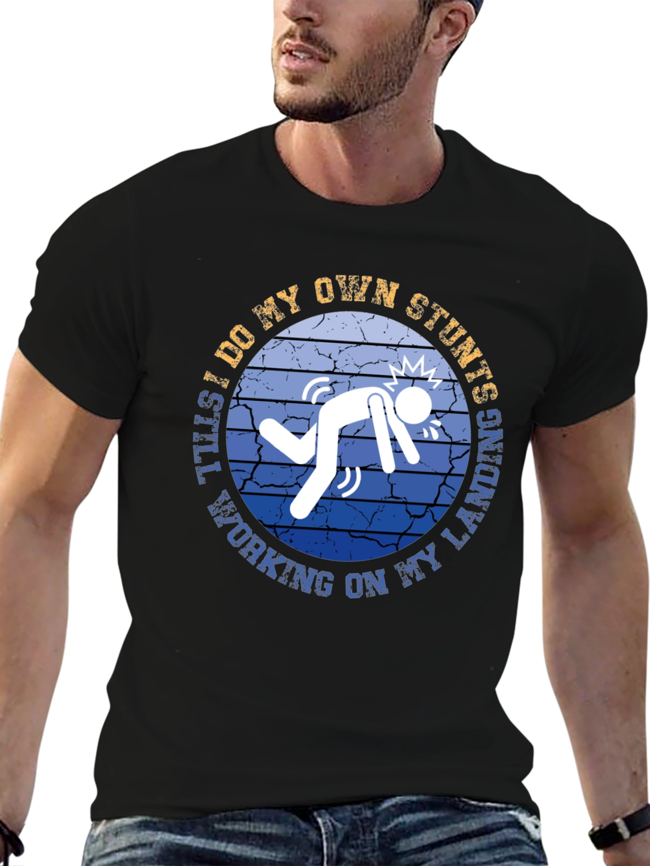 Black Stuntman T-Shirt - Funny Stunts, Working on Landing view 6
