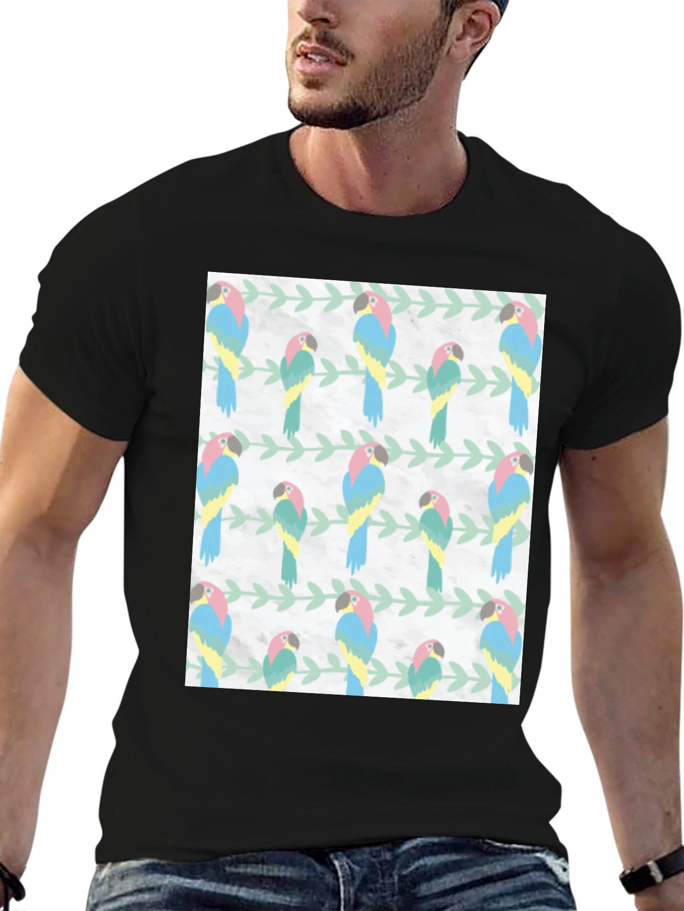 Black Parrot Pattern Black T-Shirt view 6