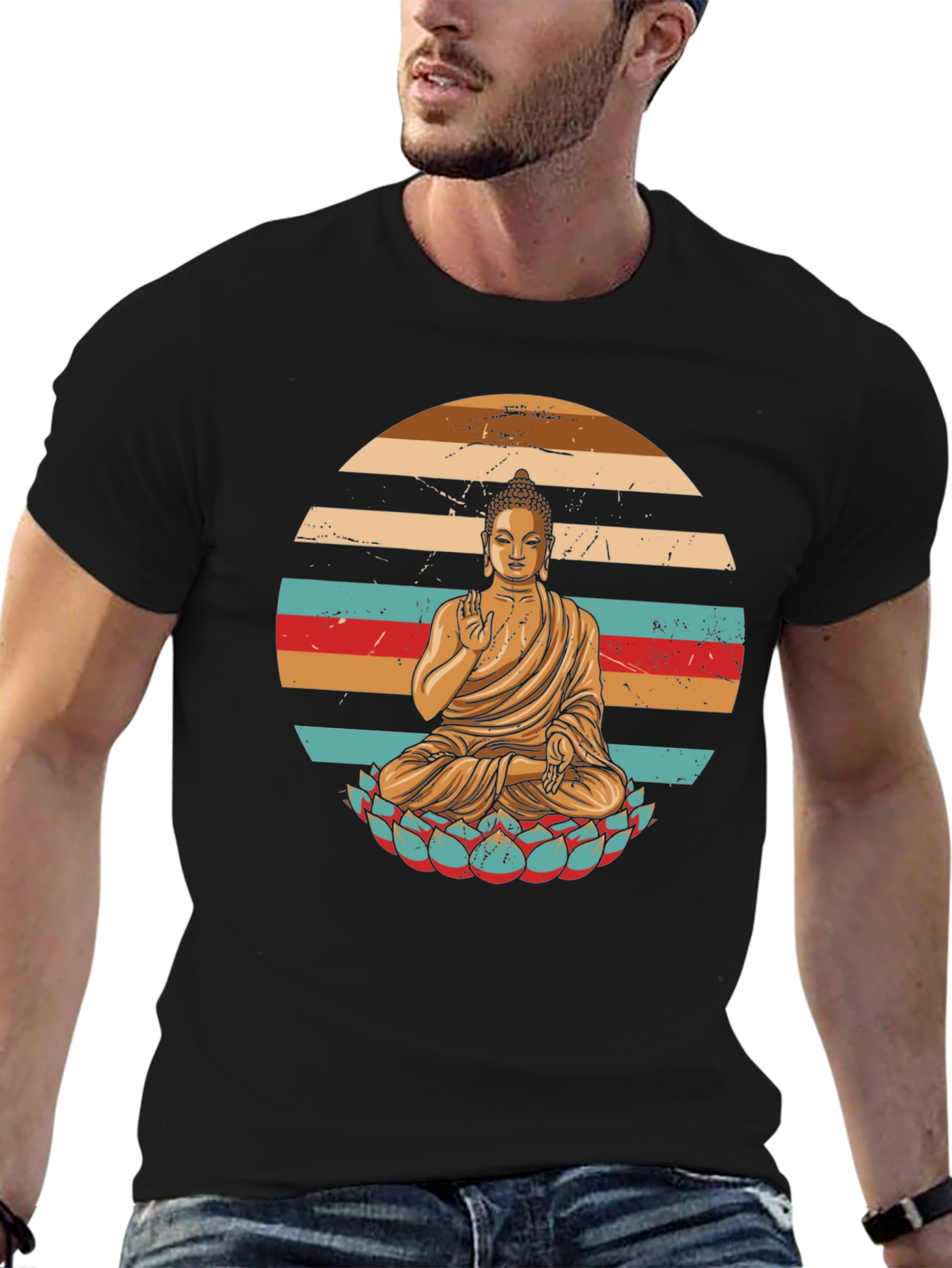 Black Retro Buddha Graphic T-Shirt view 6
