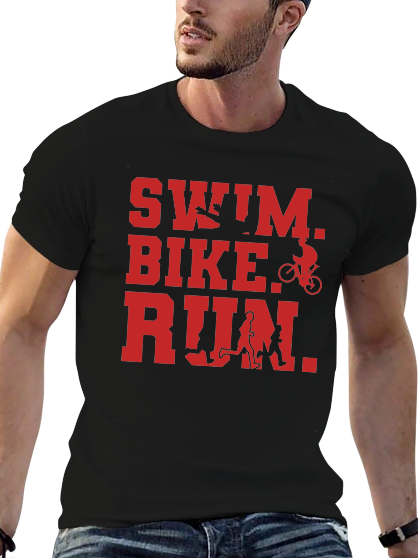 Black Swim Bike Run Triathlon T-Shirt - Black view 6