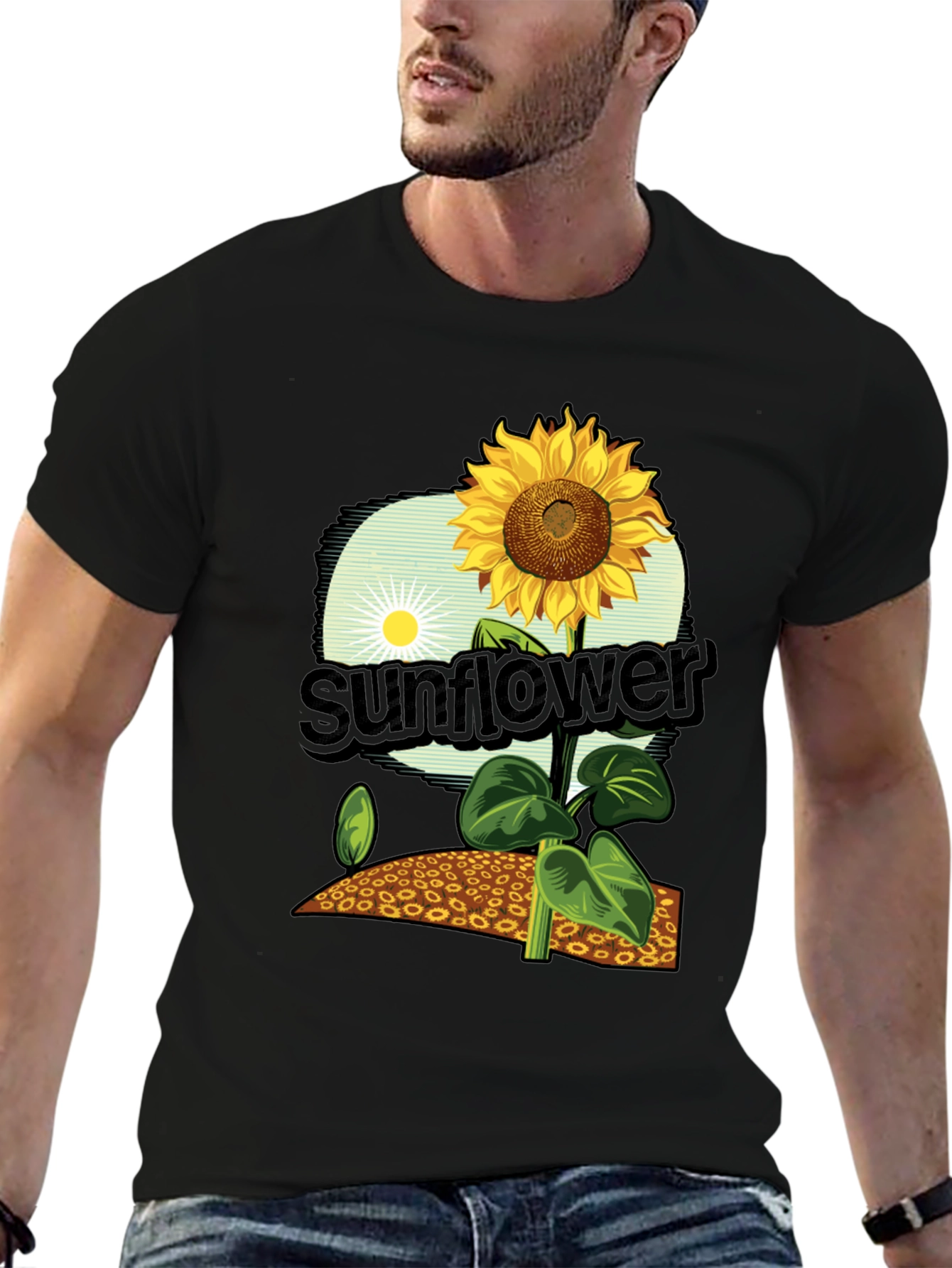 Black Sunflower Graphic Print T-Shirt - Black Cotton Tee view 6