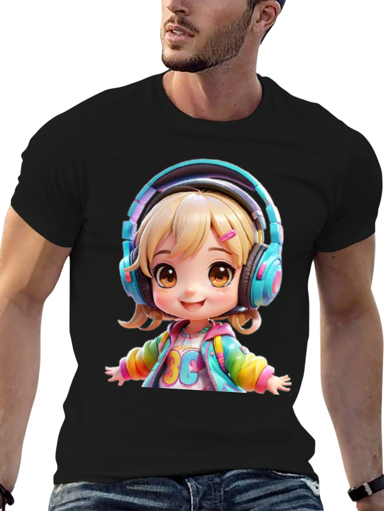 Black Anime Girl with Headphones Graphic T-Shirt view 6