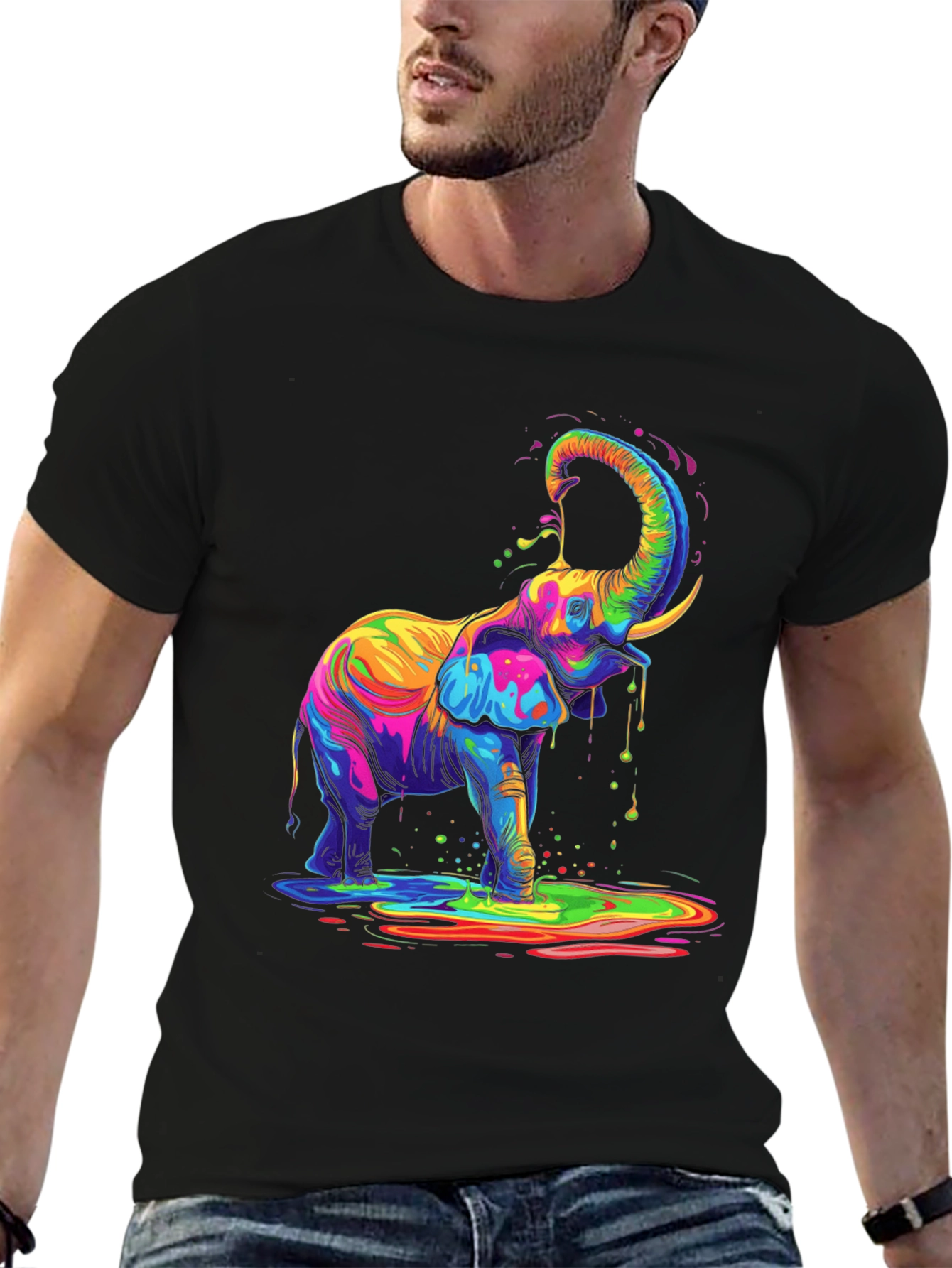 Black Colorful Elephant Graphic Tee - Black Cotton T-Shirt view 6