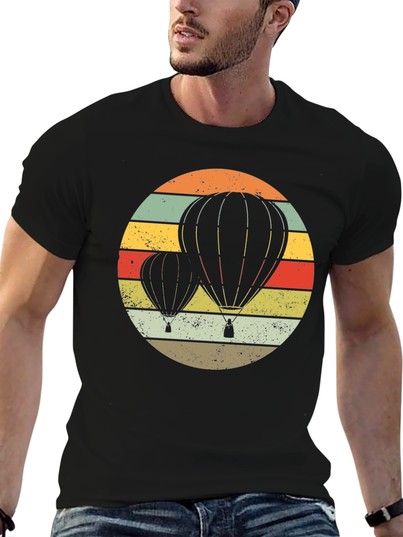 Black Retro Hot Air Balloon Graphic Tee - Vintage Style view 6