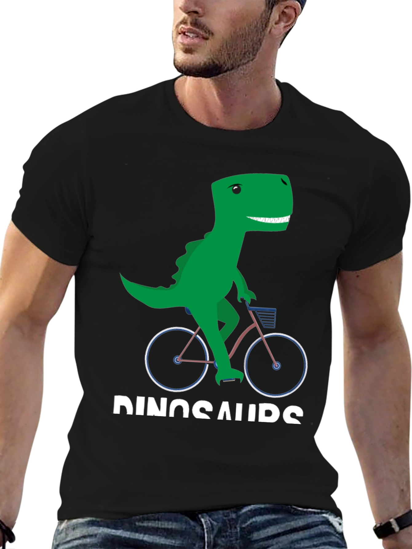 Black Dinosaur Riding Bike Graphic T-Shirt view 6