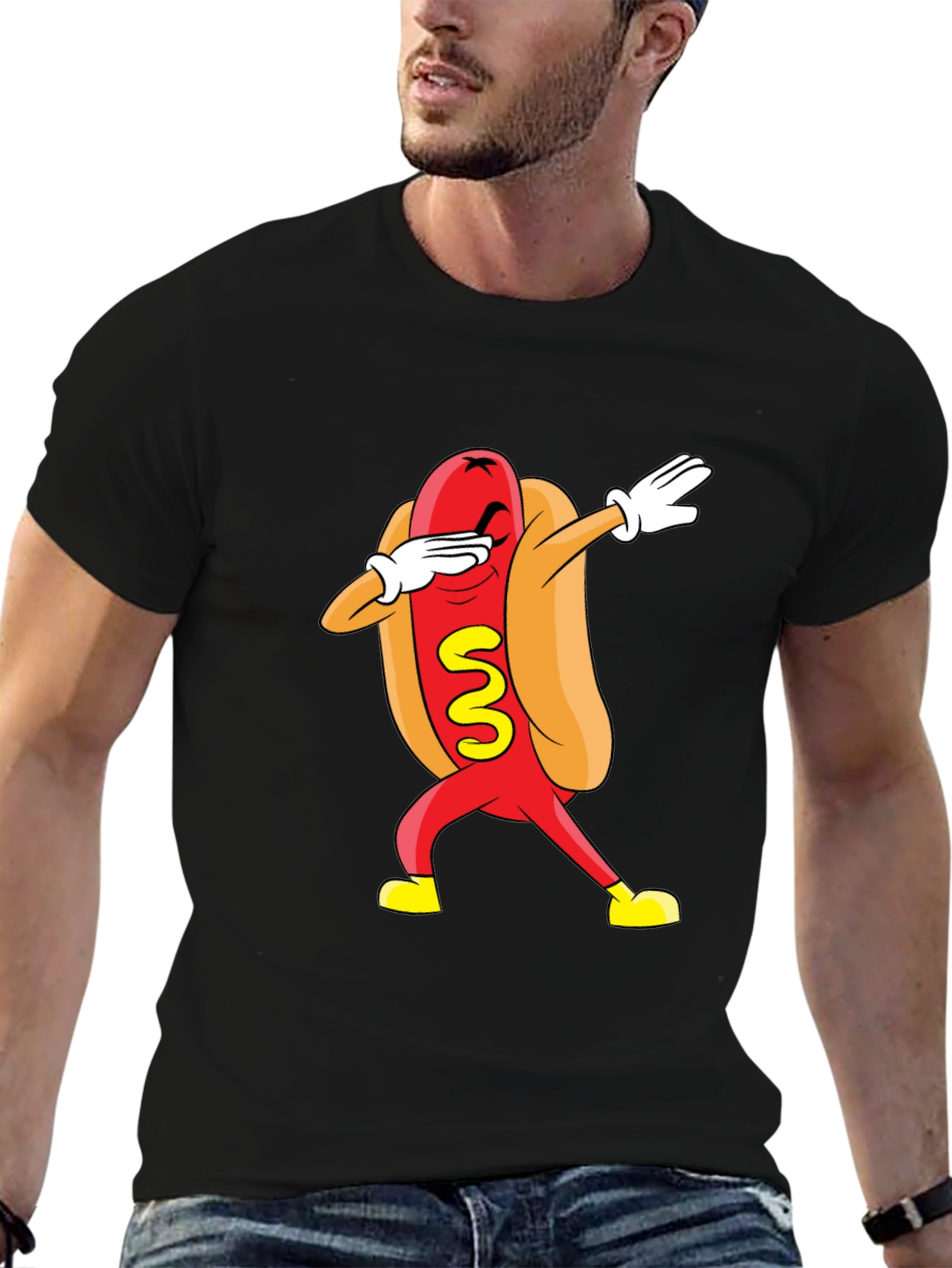 Black Funny Dabbing Hot Dog Graphic T-Shirt - Black view 6