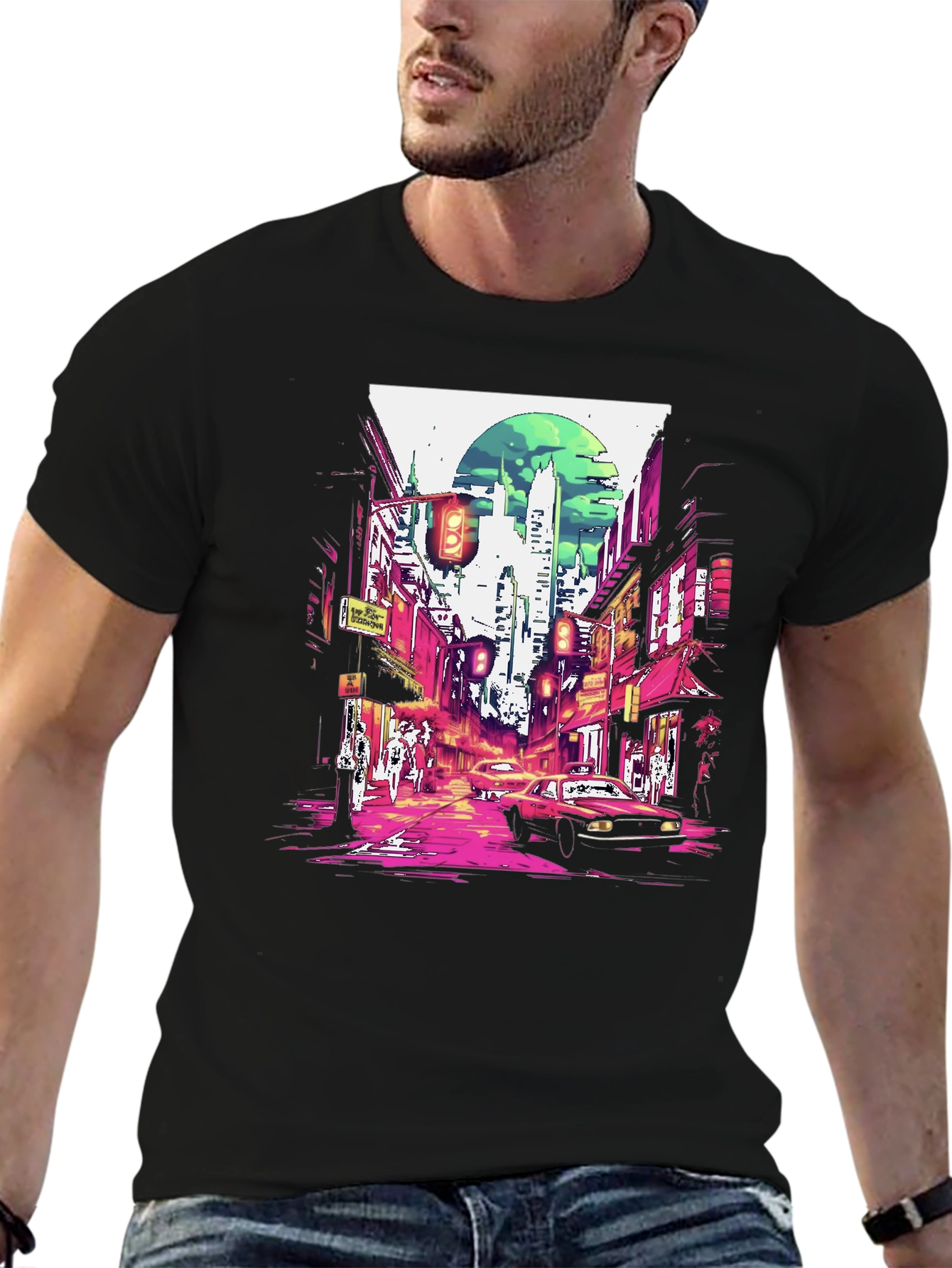 Black Retro Cityscape T-Shirt - Stylish Urban Design view 6