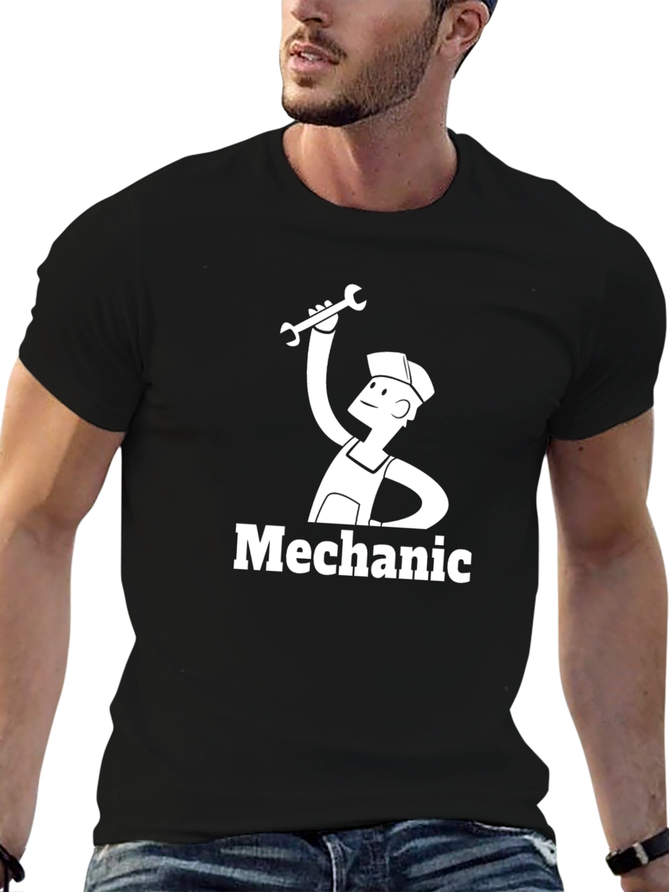 Black Mechanic Cartoon Graphic T-Shirt view 6
