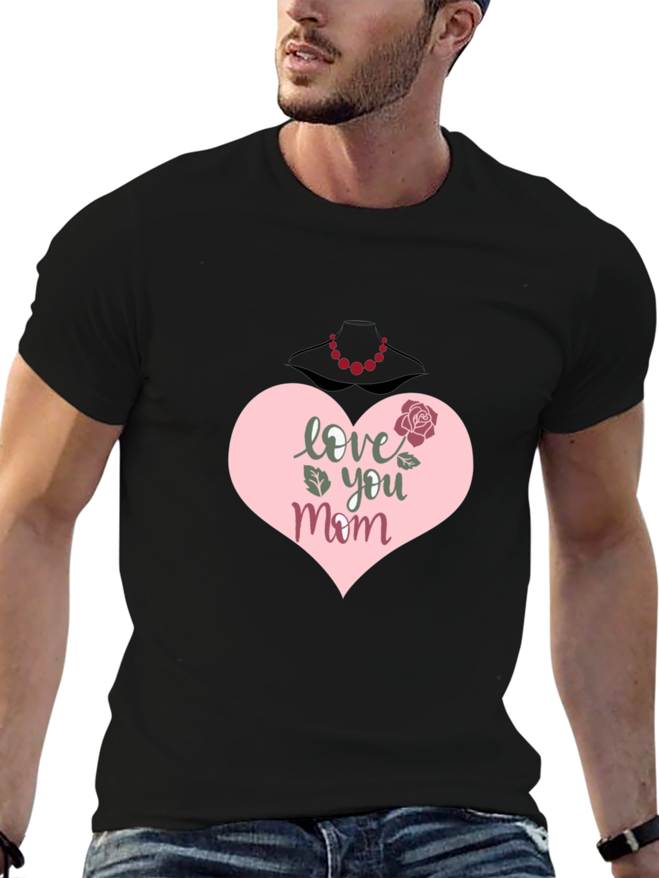 Black Love You Mom T-Shirt - Heart & Rose Design view 6