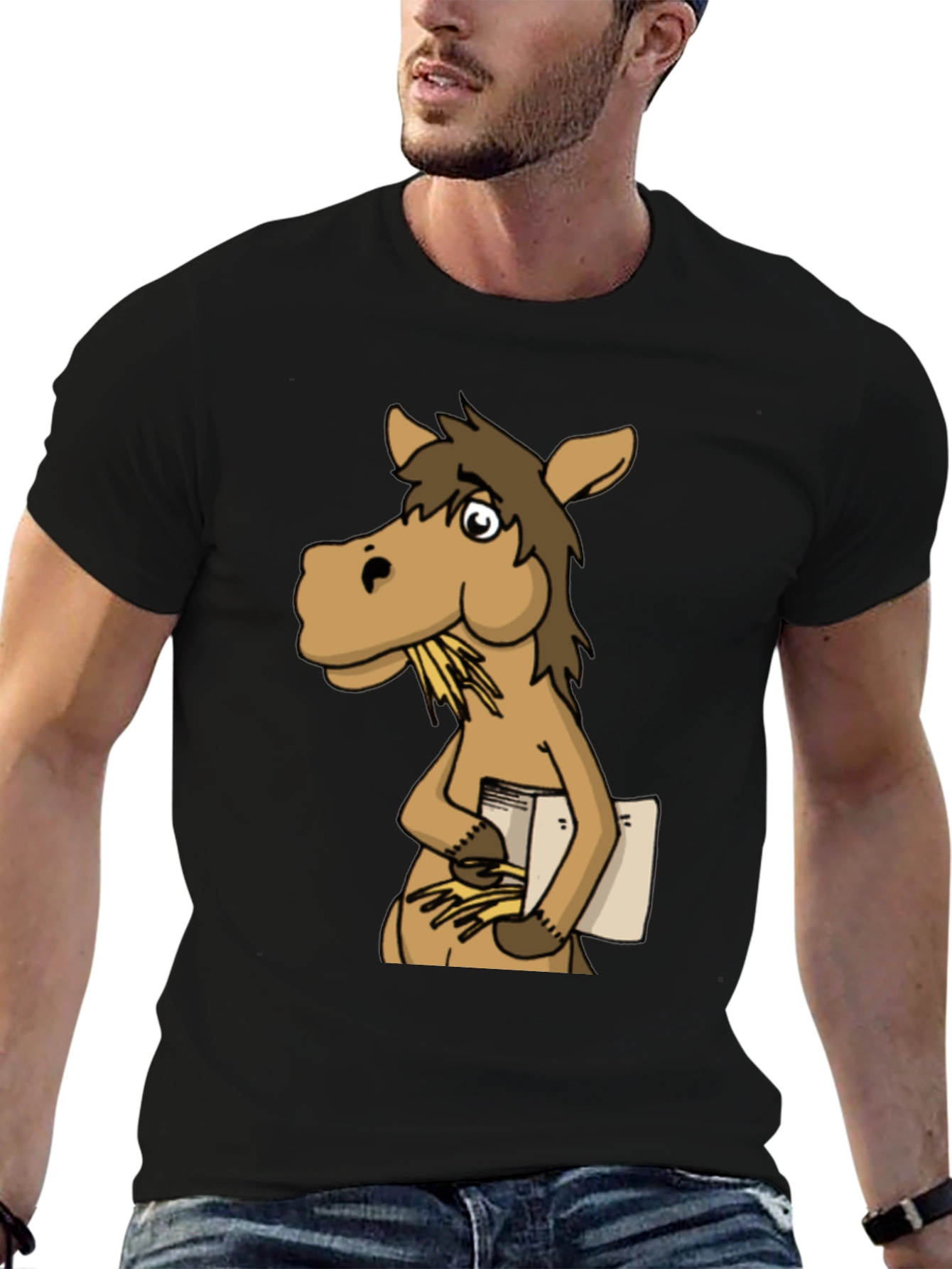 Black Funny Horse Reading Book Graphic T-Shirt view 6