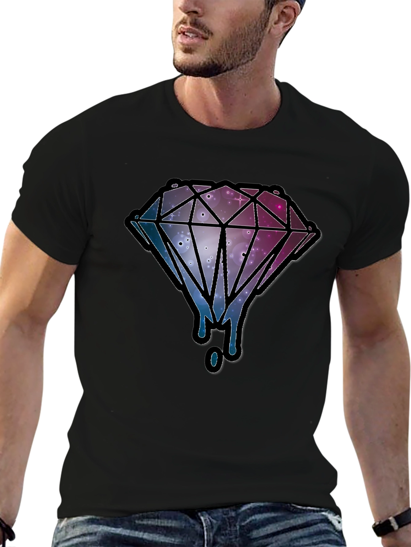 Black Galaxy Diamond Dripping Graphic Black T-Shirt view 6
