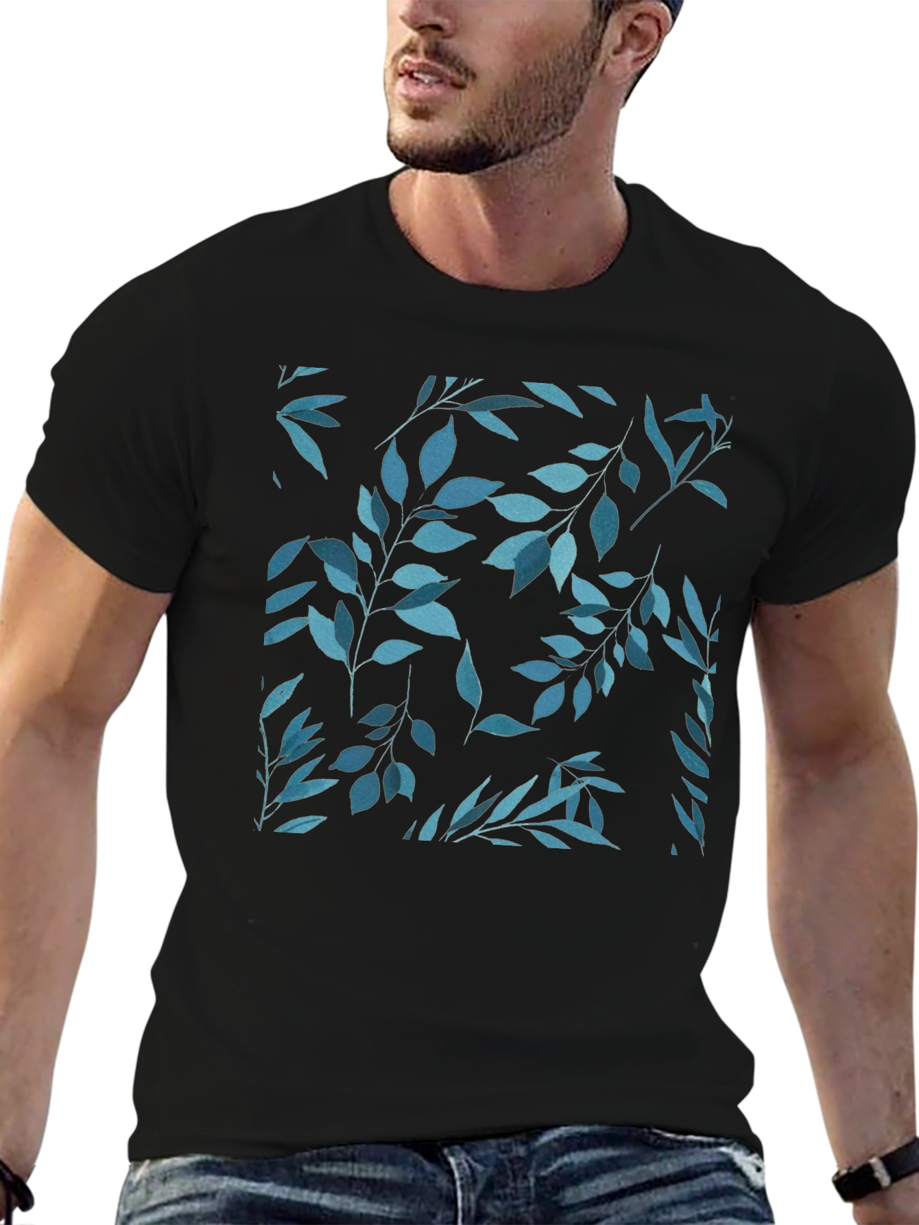 Black Blue Leaf Print Black T-Shirt view 6