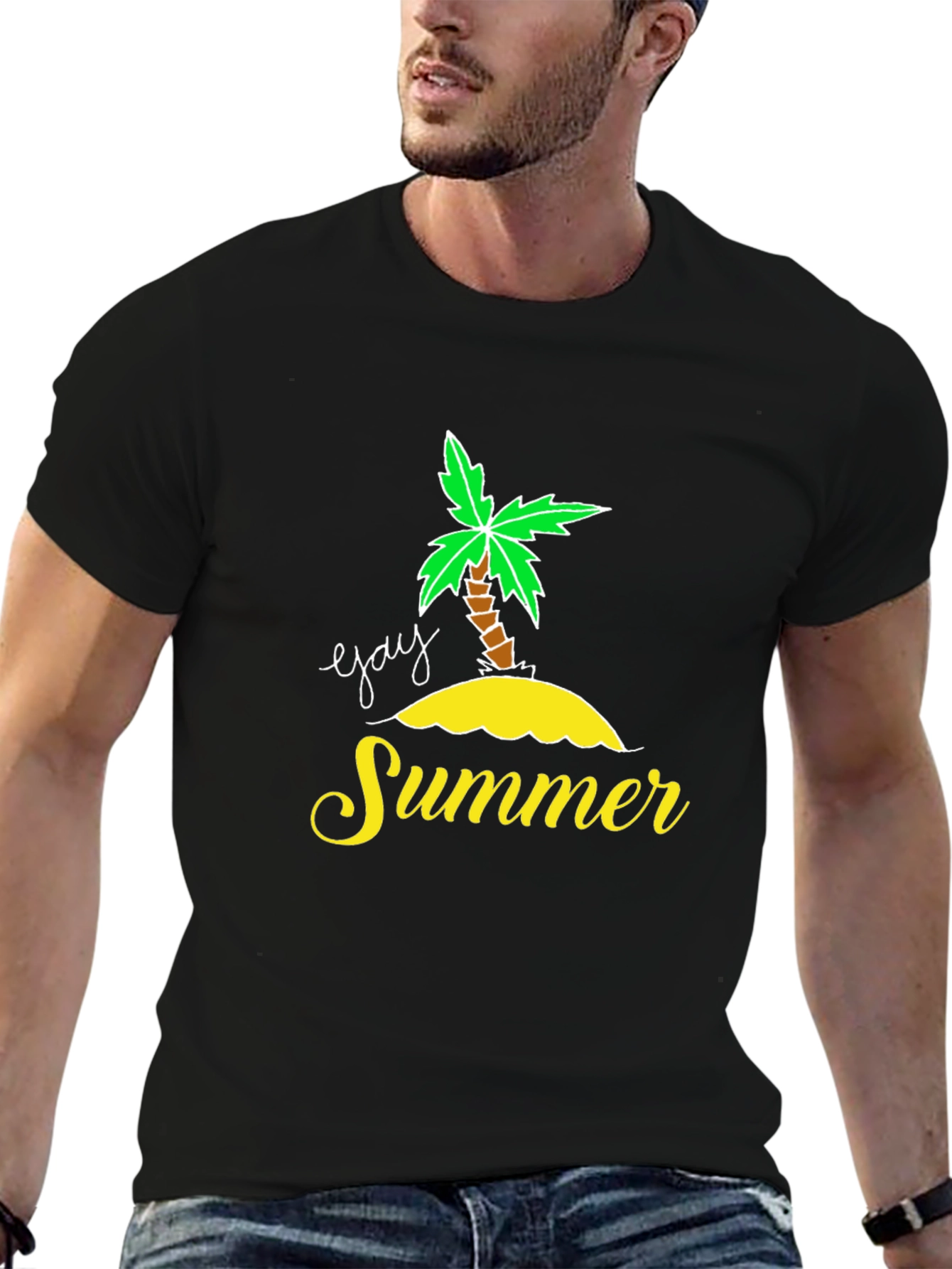 Black Gay Summer Palm Tree Graphic Tee - Black Cotton Blend view 6