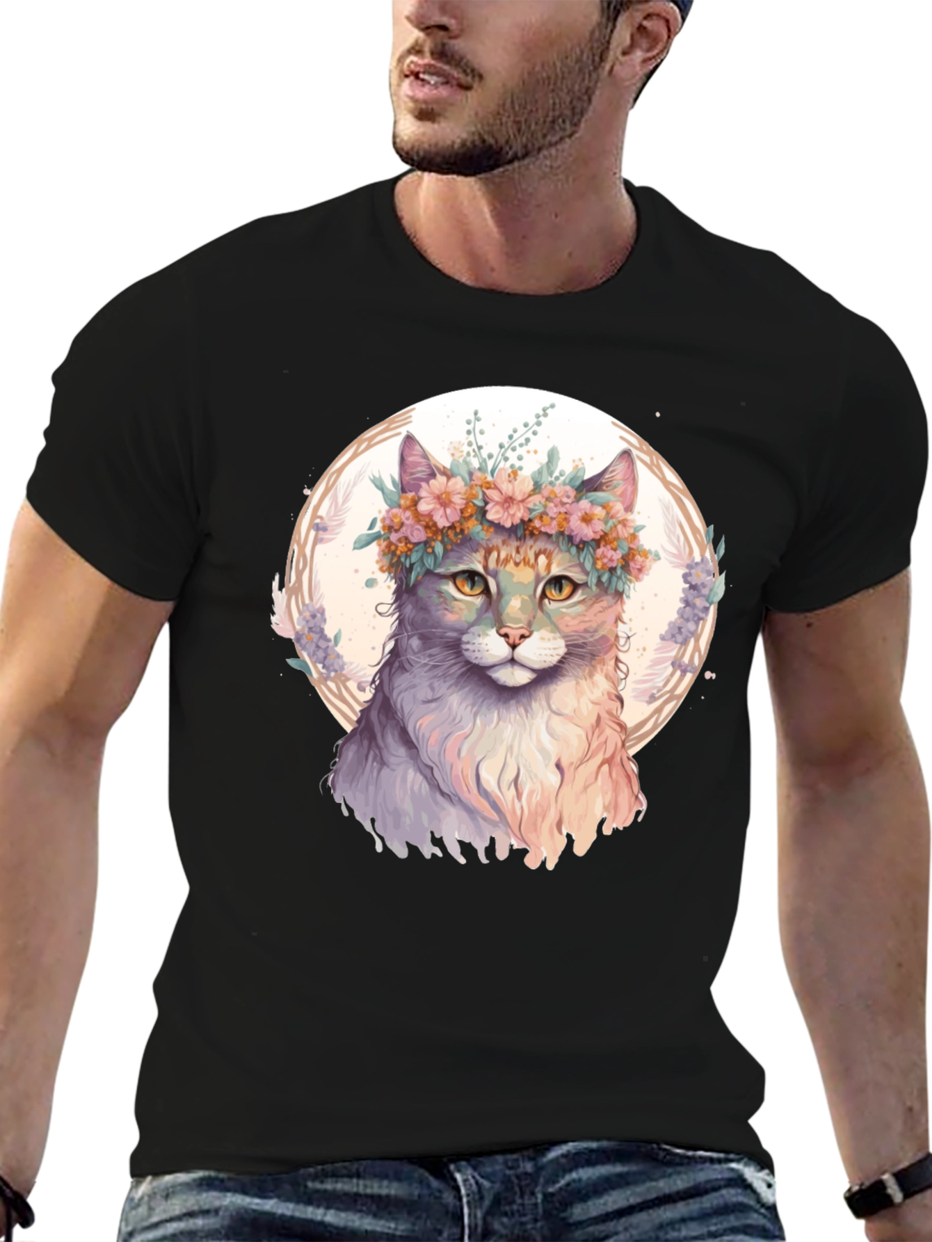 Black Cat Flower Crown Graphic Black T-Shirt view 6