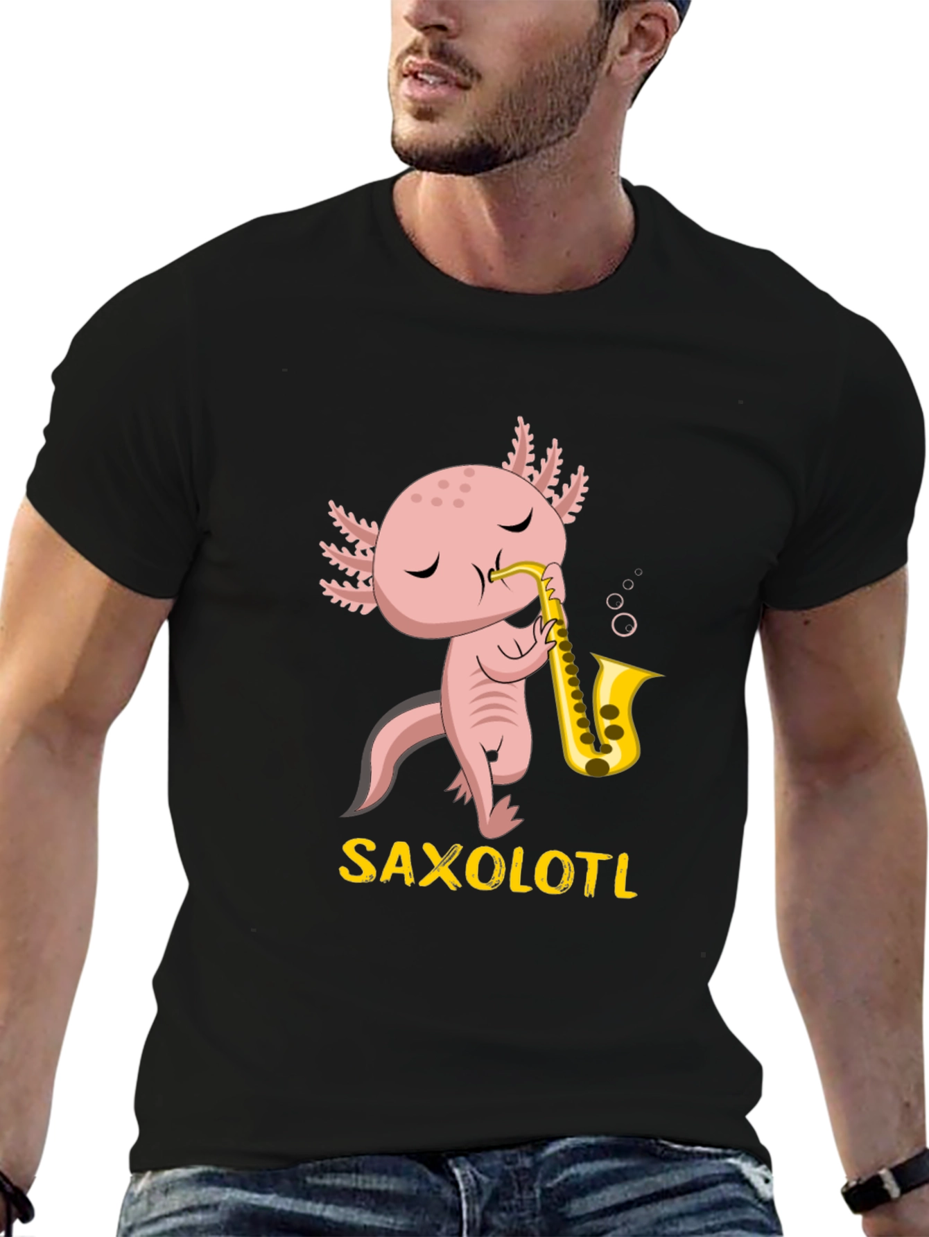 Black Saxolotl T-Shirt: Funny Axolotl Saxophone Player Tee view 6