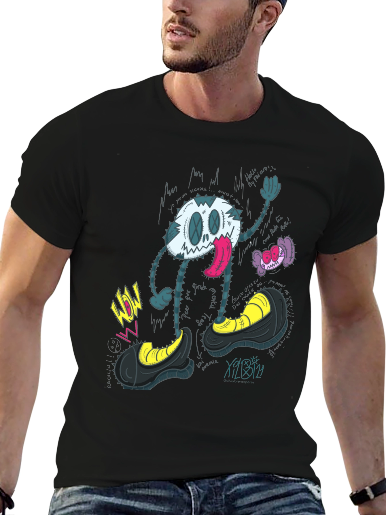 Black Cartoon Character Graphic Print T-Shirt view 6
