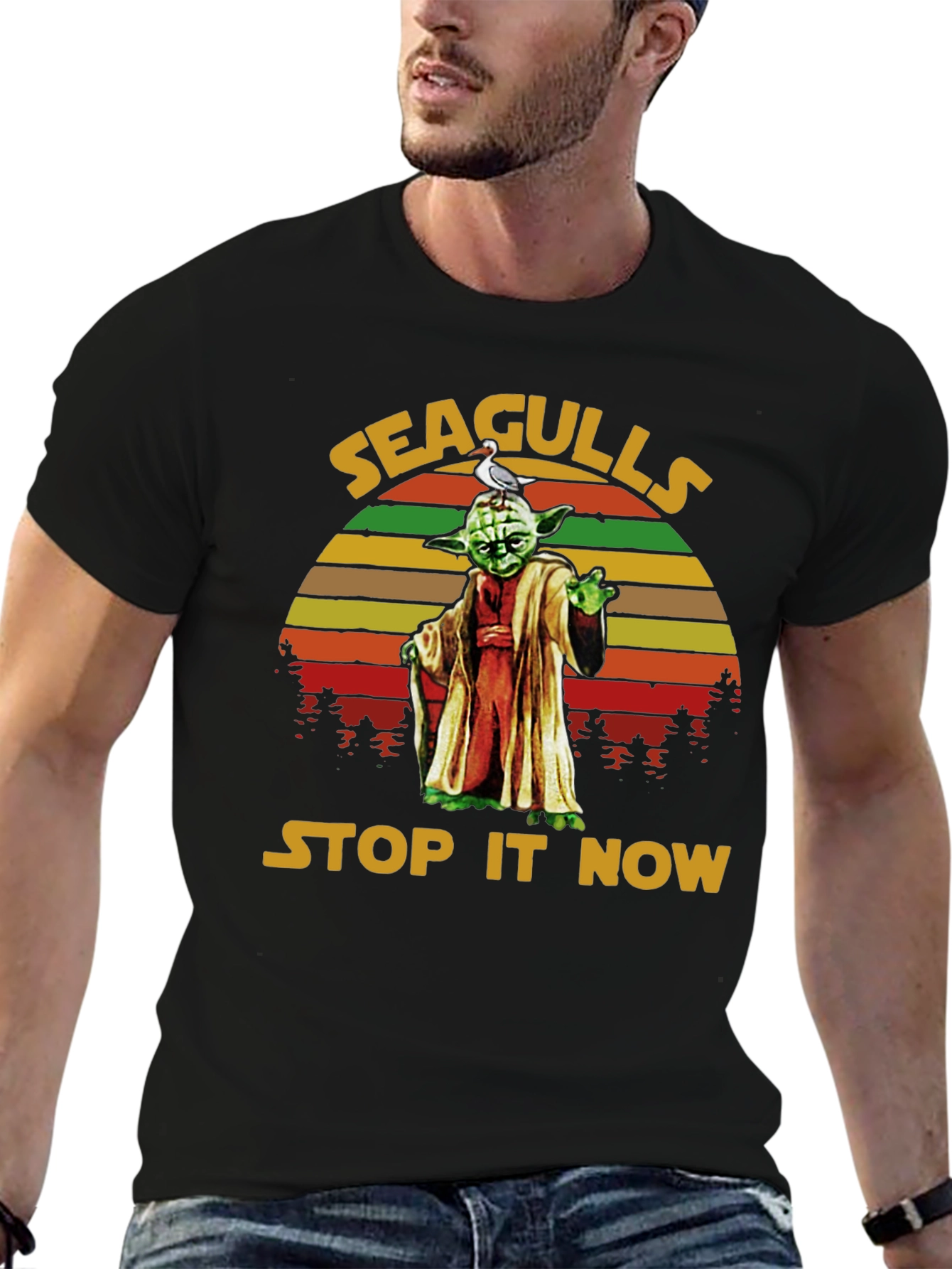 Black Seagulls Stop It Now Yoda T-Shirt view 6