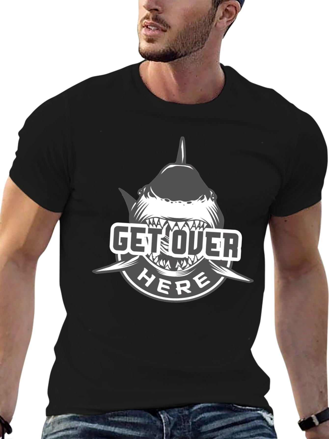 Black Get Over Here Shark T-Shirt - Black Cotton Tee view 6