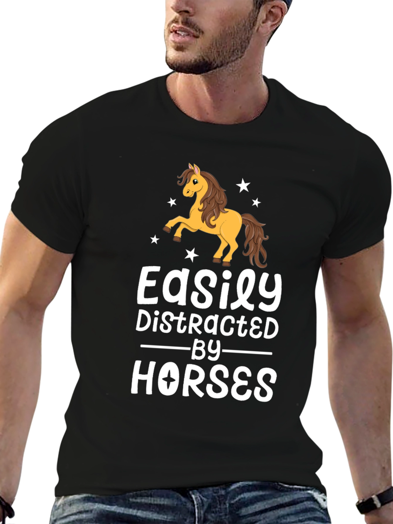 Black Easily Distracted By Horses Black T-Shirt view 6
