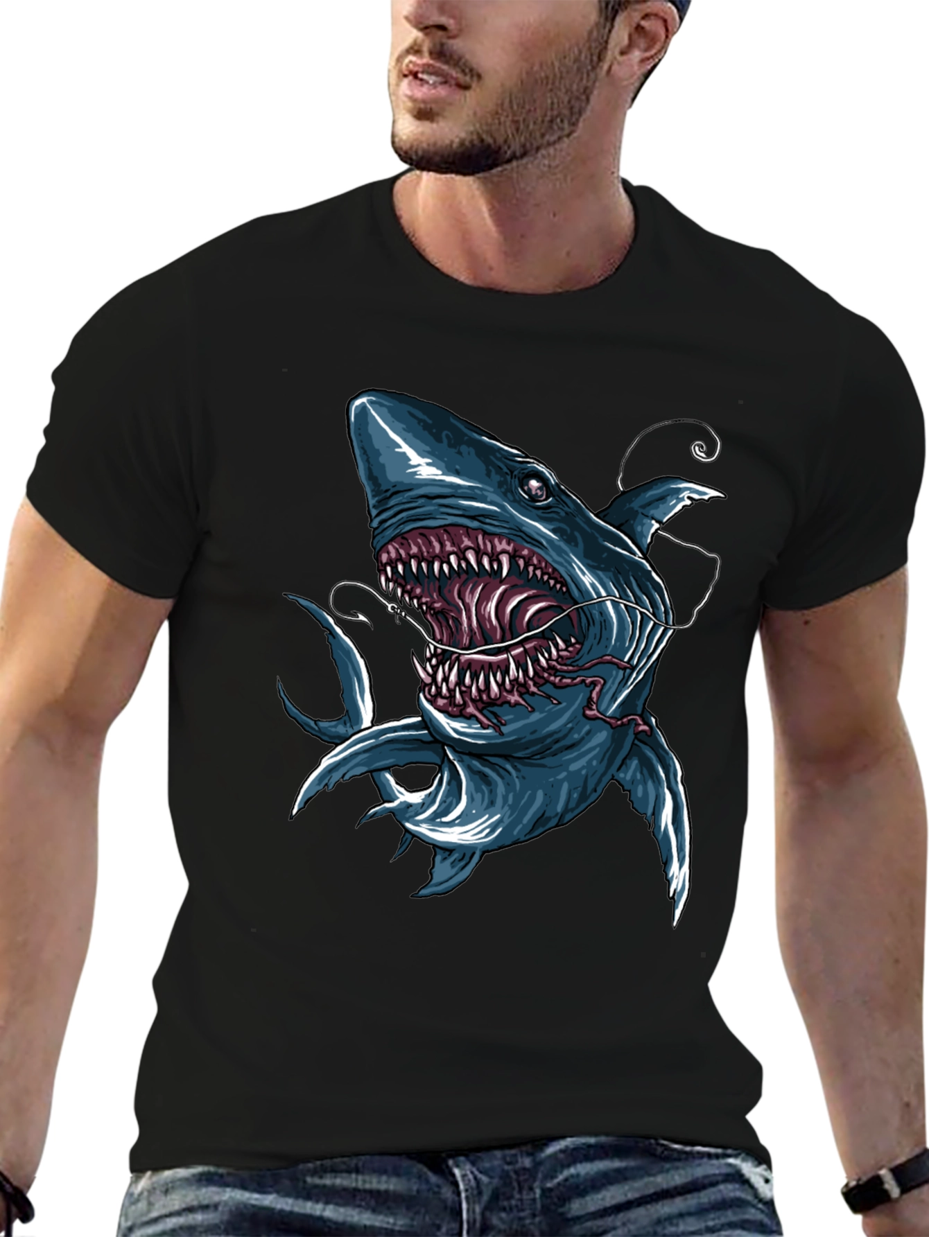 Black Men's Shark Graphic Print Black T-Shirt view 6