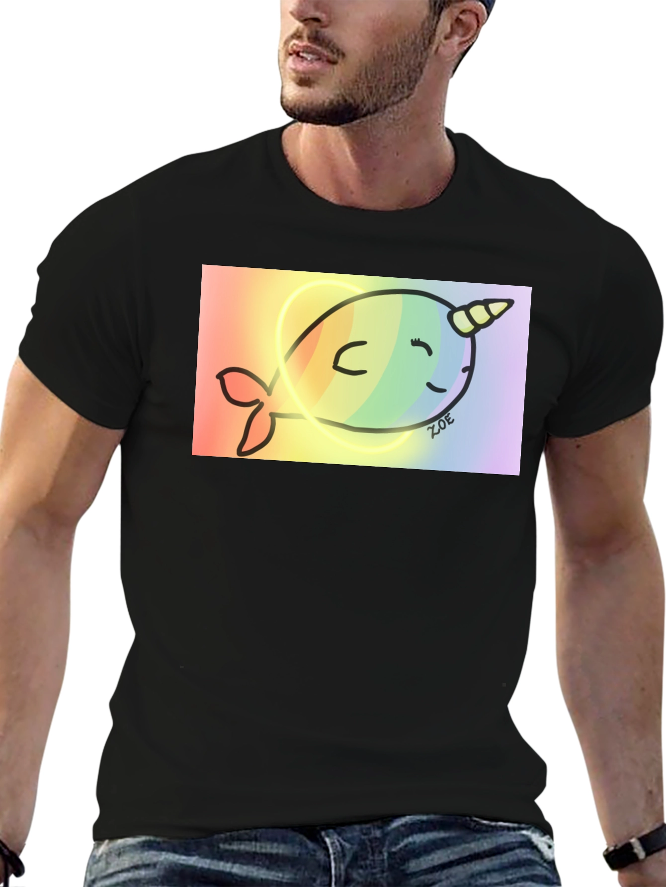 Black Rainbow Narwhal Graphic Tee - Black Cotton Blend view 6