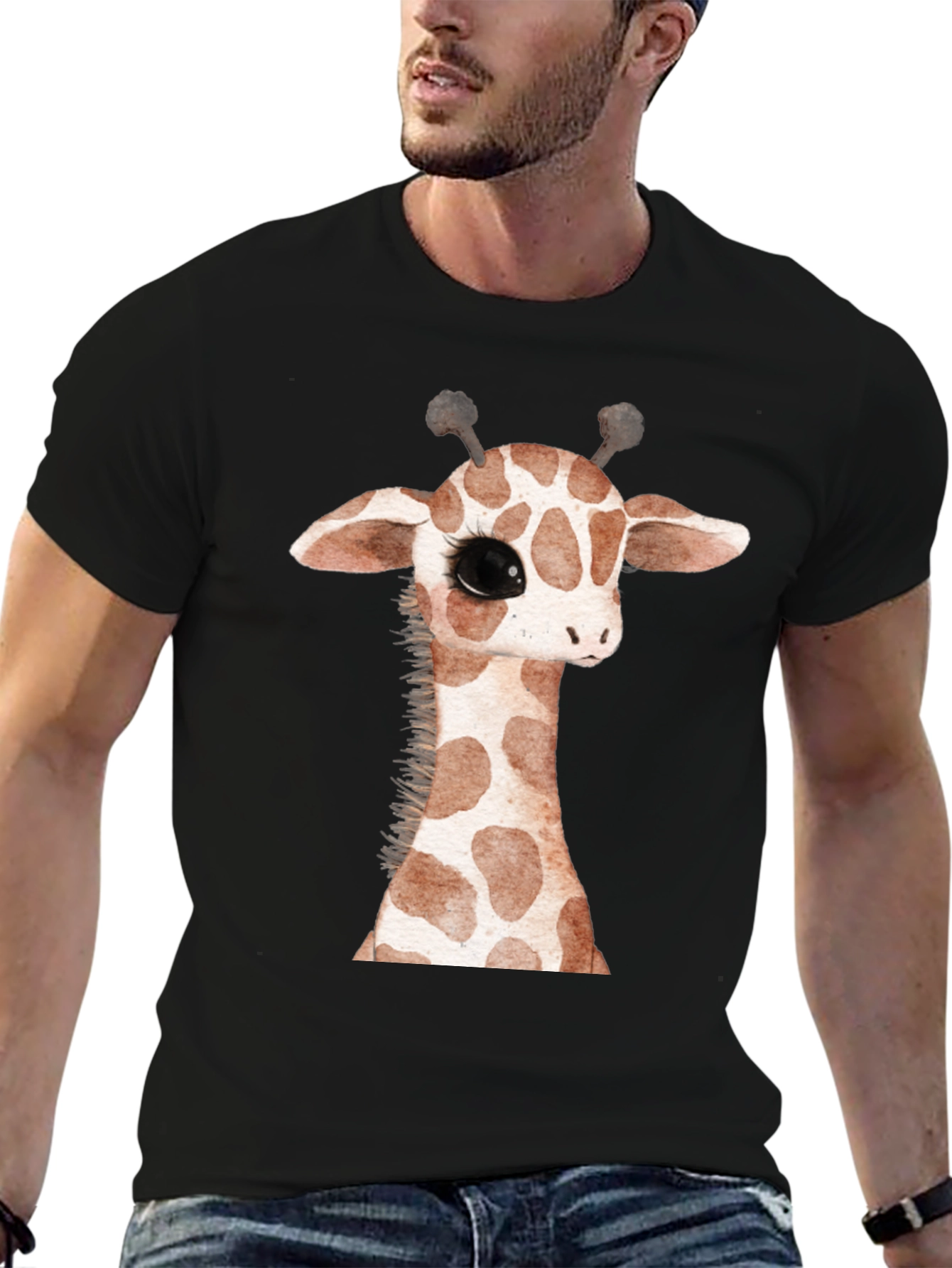 Black Cute Giraffe Graphic Print Black T-Shirt view 6