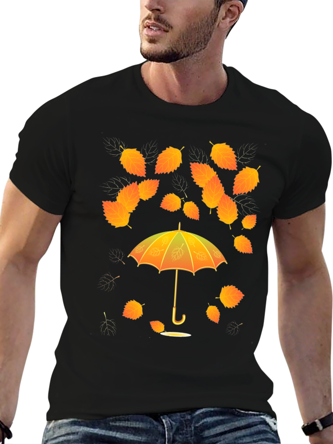 Black Autumn Leaves Umbrella T-Shirt view 6