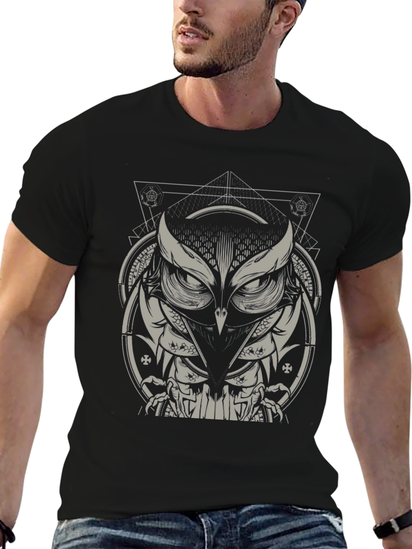Black Owl Geometric Graphic Tee - Mens Black T-Shirt view 6