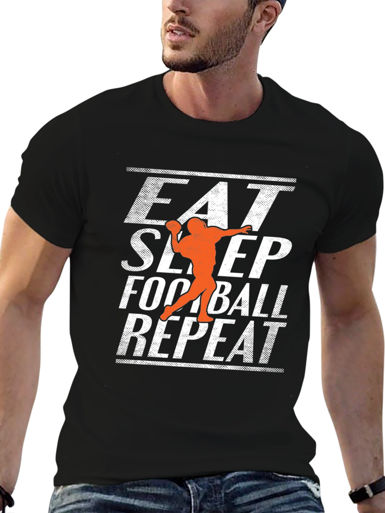 Black Eat Sleep Football Repeat Graphic Tee - Black Cotton T-Shirt view 6