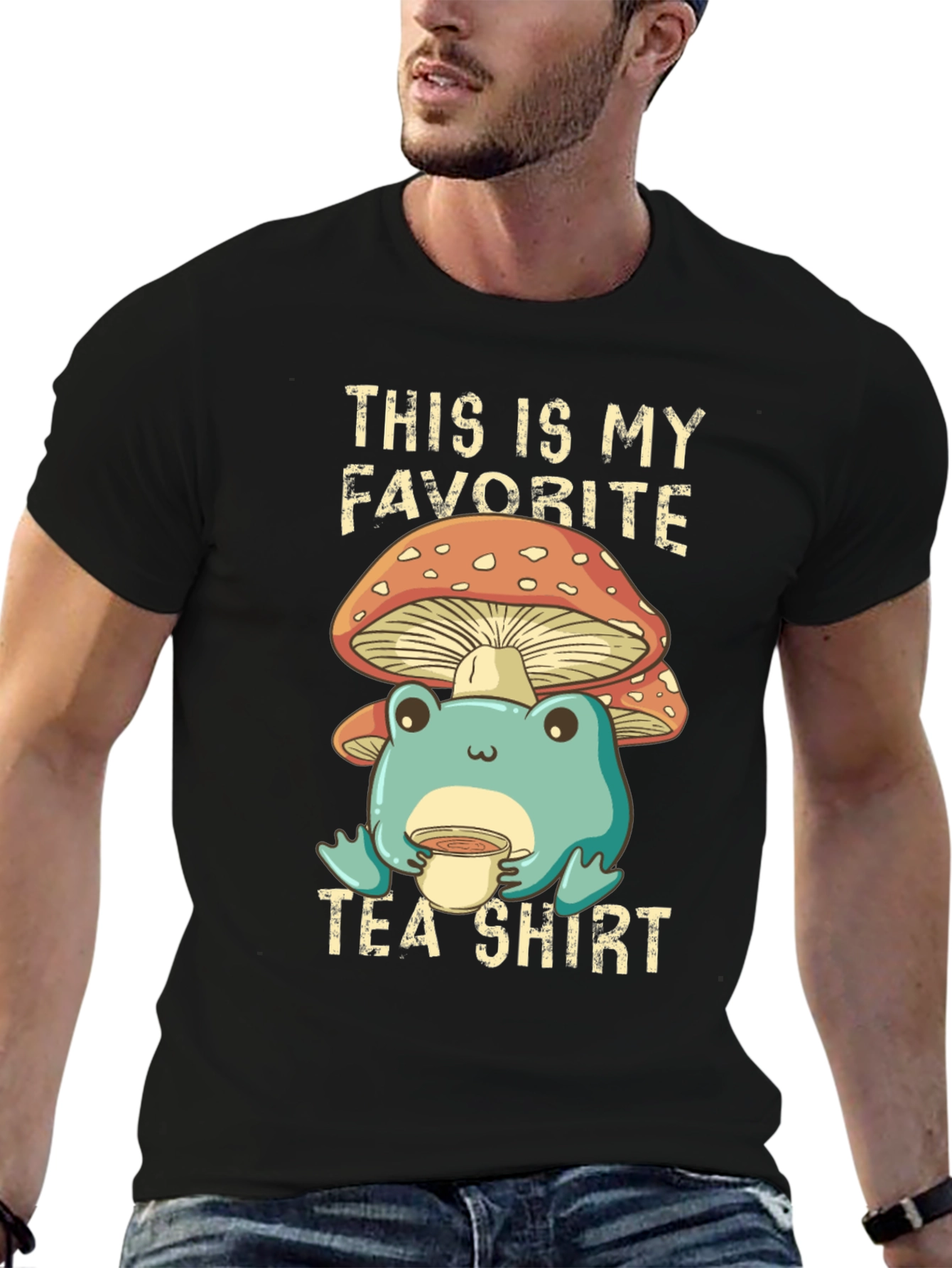 Black My Favorite Tea Shirt - Frog & Mushroom view 6