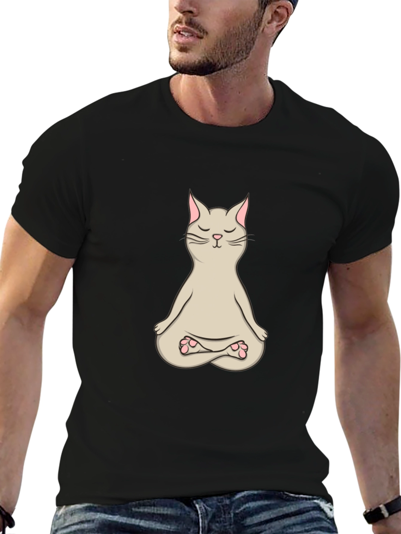 Black Zen Cat T-Shirt - Meditating Feline Design view 6
