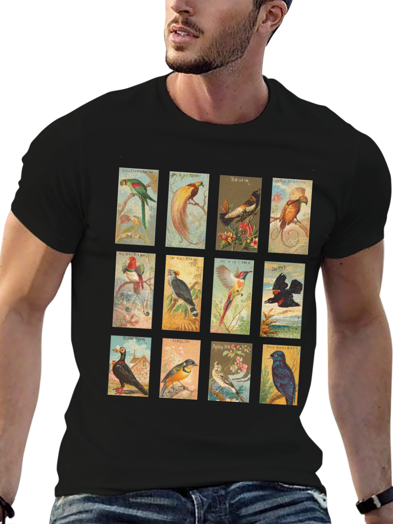 Black Vintage Birds Black T-Shirt view 6
