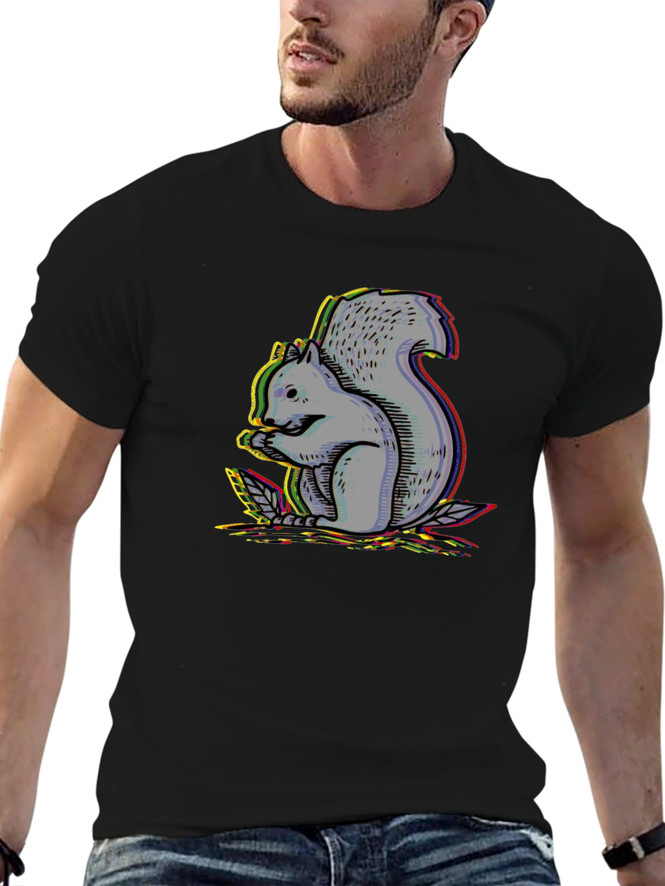 Black Men's Black T-Shirt with Squirrel Graphic Design view 6